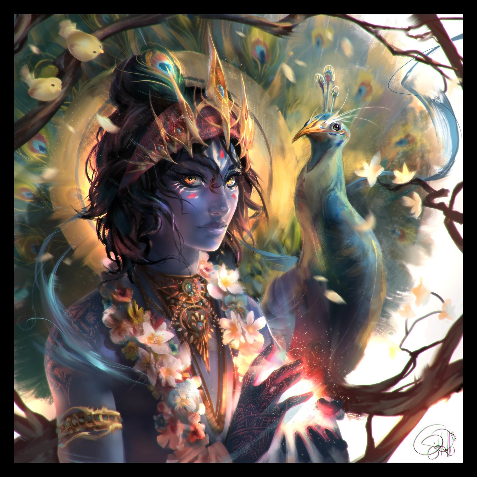 Krishna with a peacock and birds HD Wallpaper