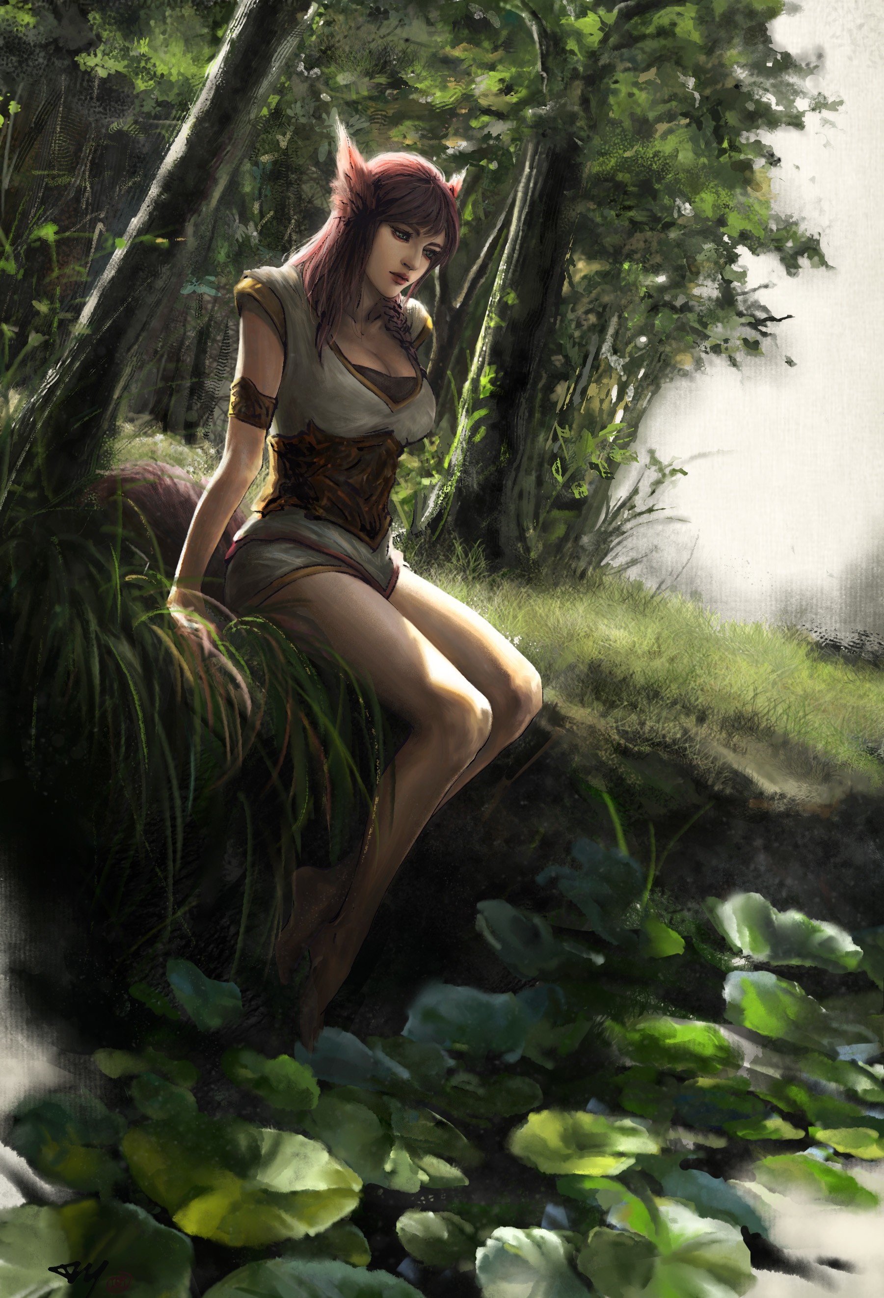 Fantasy art of a fox-eared woman in a forest HD Wallpaper