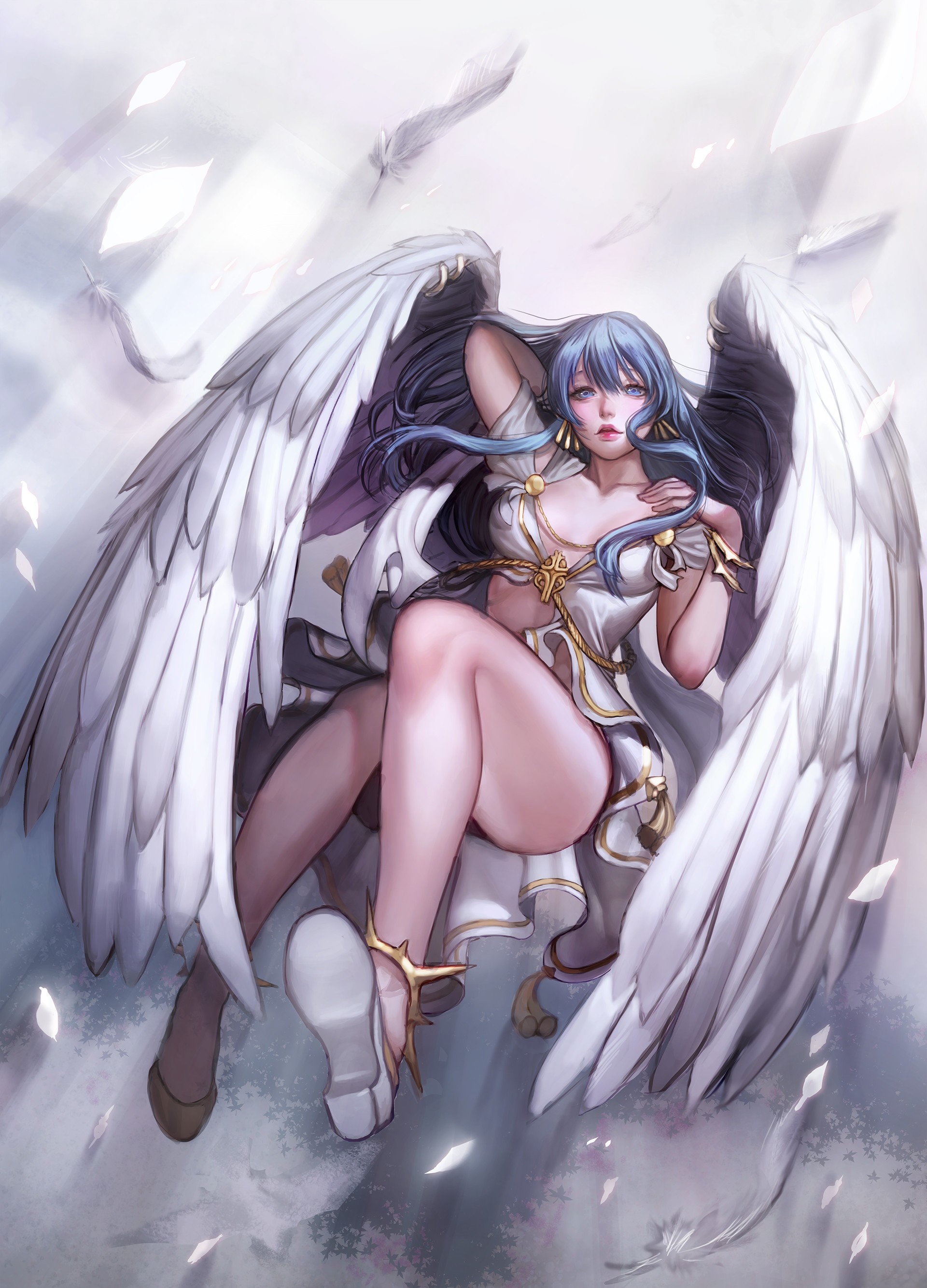 Angel with blue hair and white wings HD Wallpaper