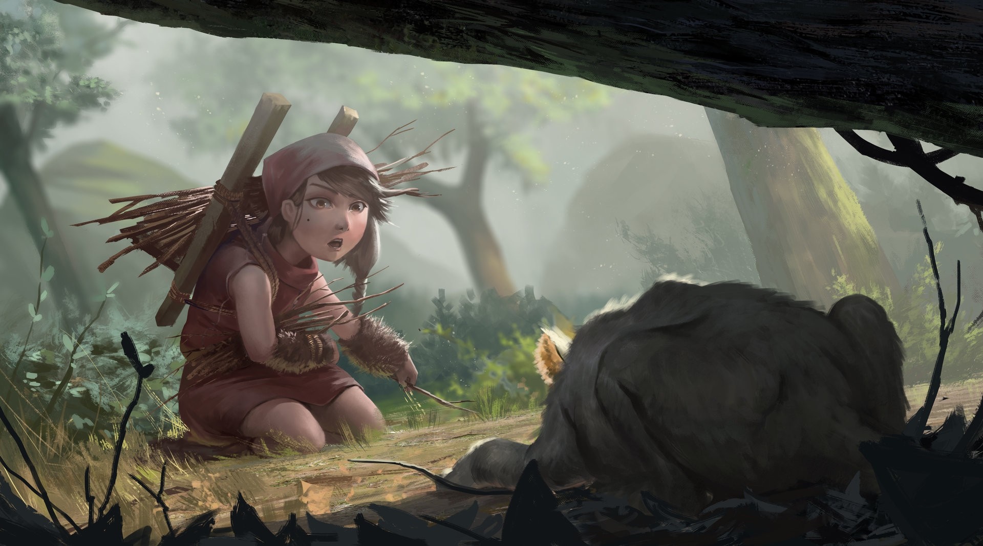 Young girl with a bundle of sticks encounters a creature HD Wallpaper