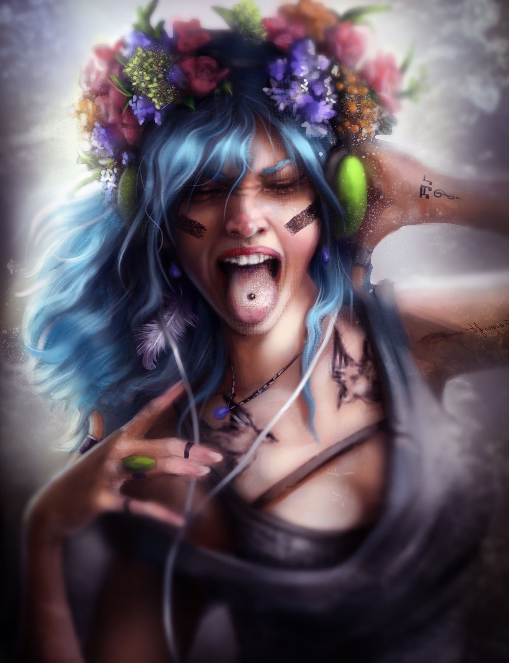 Woman with blue hair and flower crown listening to music HD Wallpaper