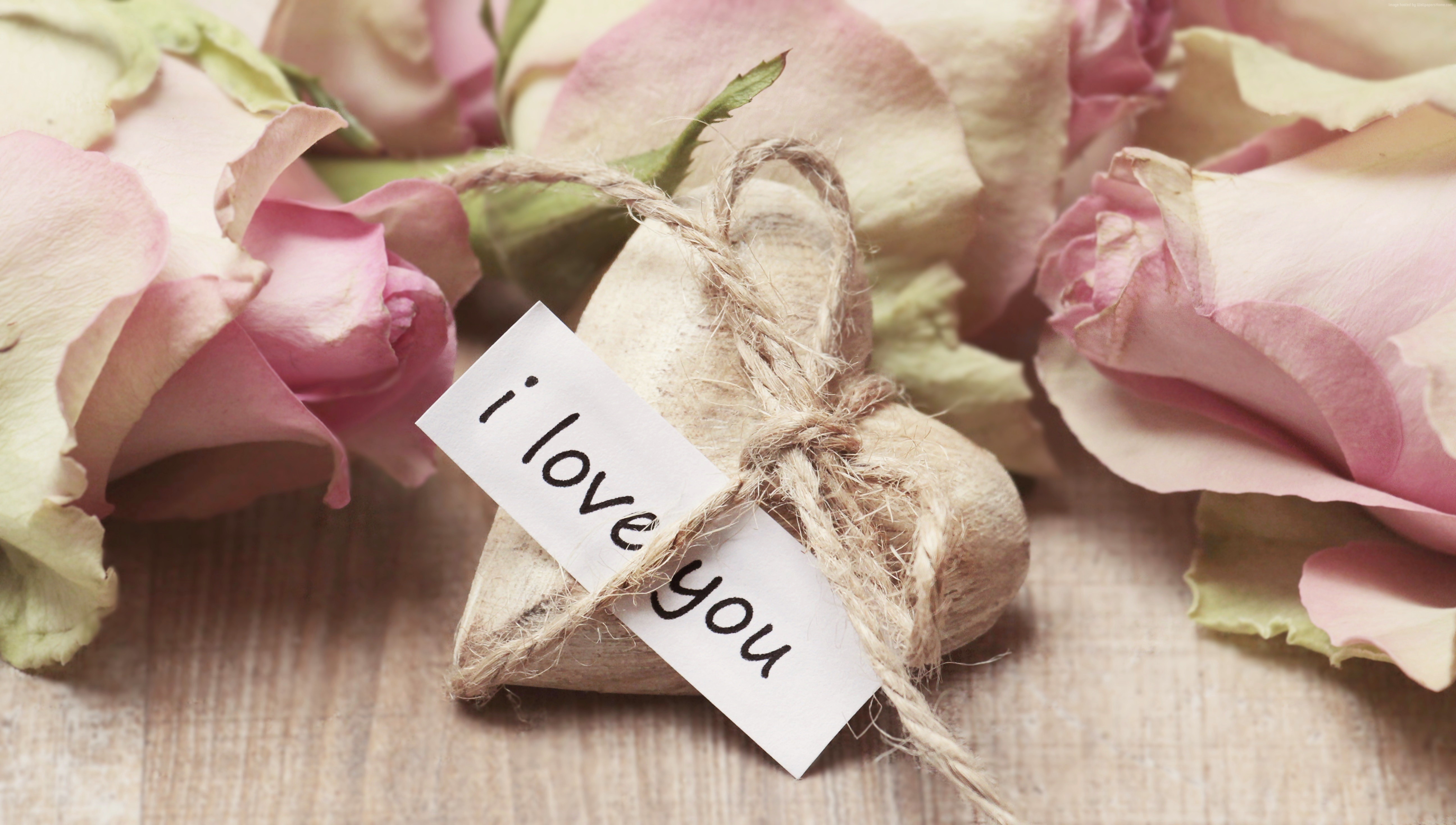 Heart gift with roses and 'i love you' tag HD Wallpaper
