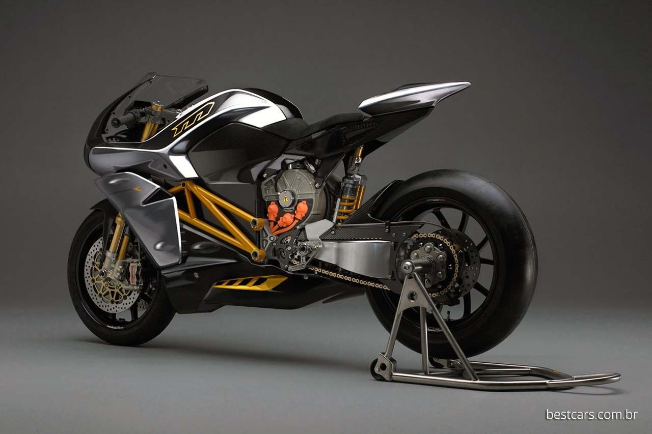 Electric motorcycle with gold frame and black fairings HD Wallpaper