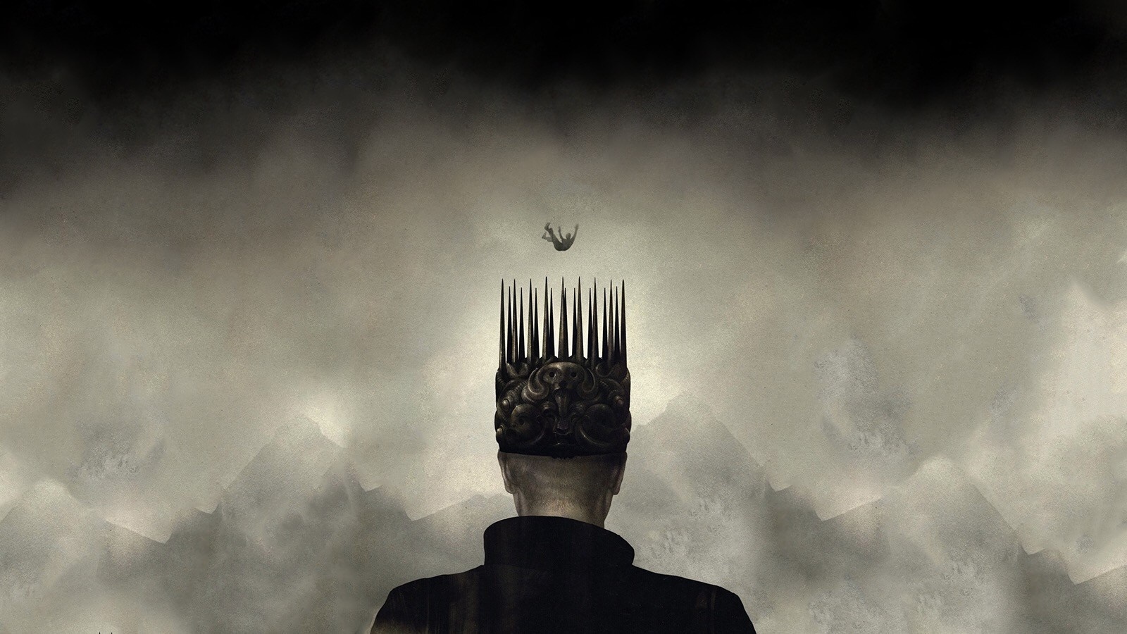 Man with crown falling figure in sky HD Wallpaper