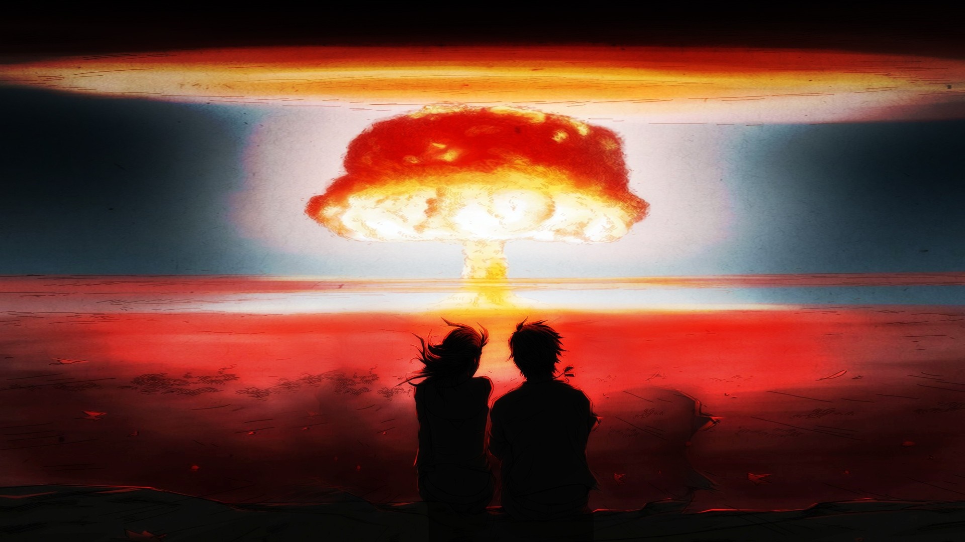 Couple watching nuclear explosion over the ocean HD Wallpaper