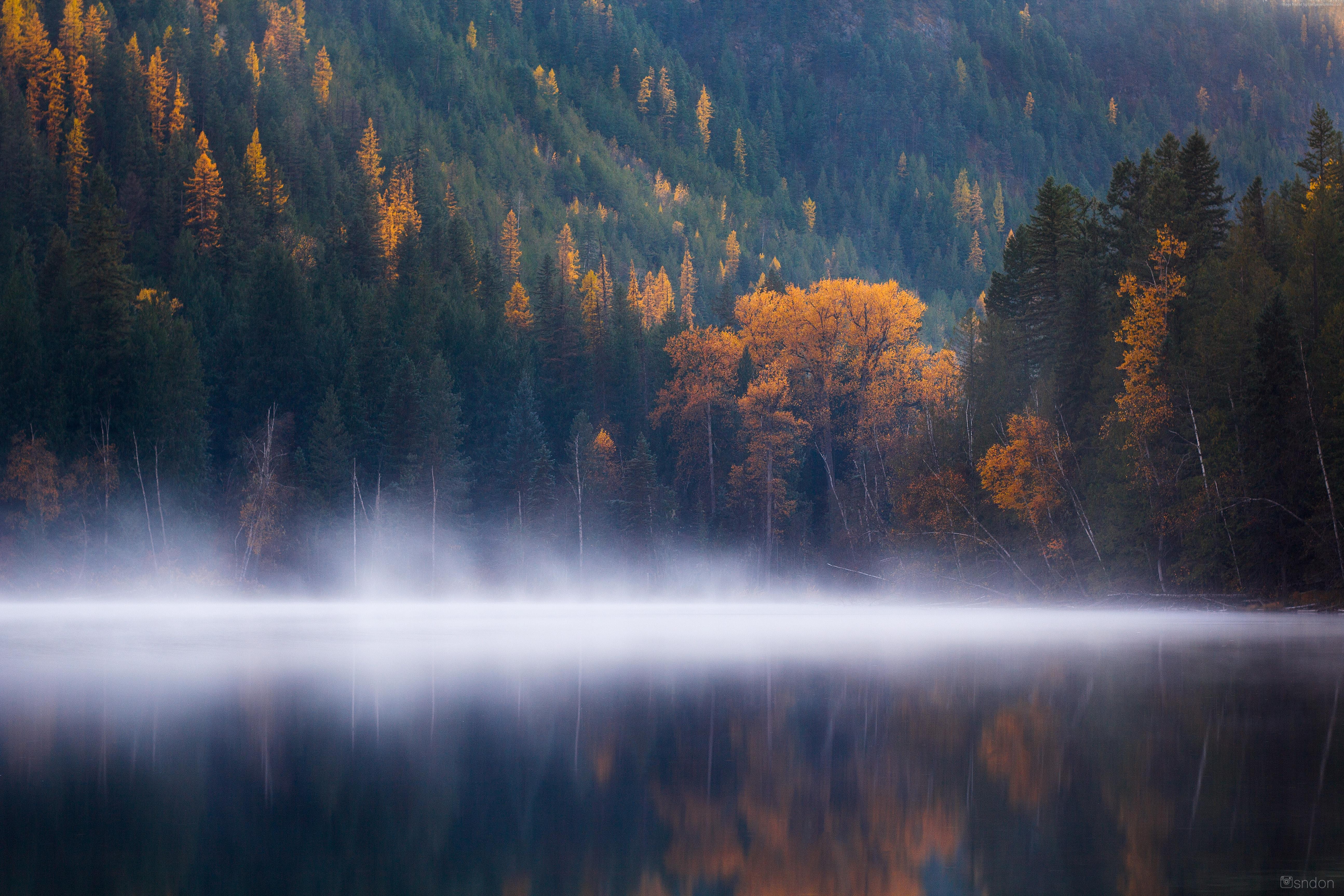 Autumn fog over Echo Lake with forest HD Wallpaper