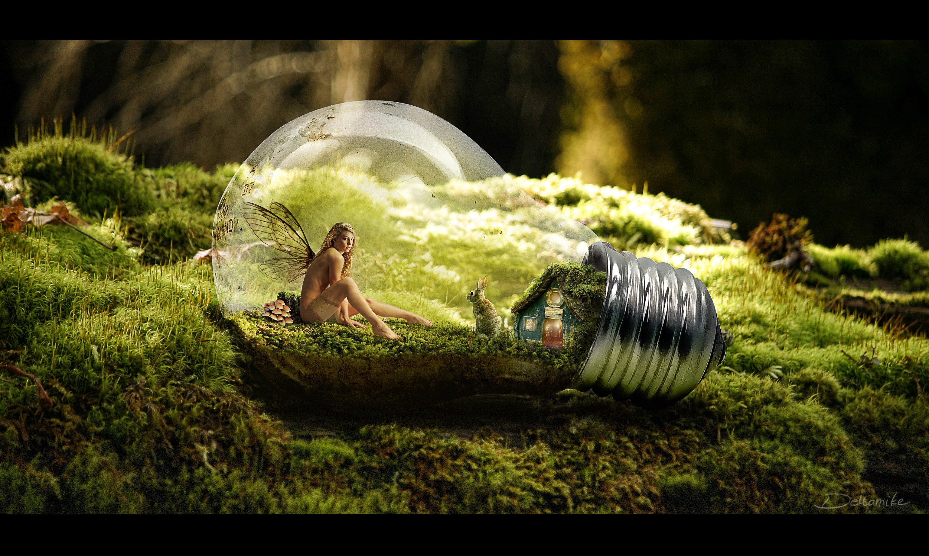 Fairy in a lightbulb with a rabbit and a house HD Wallpaper