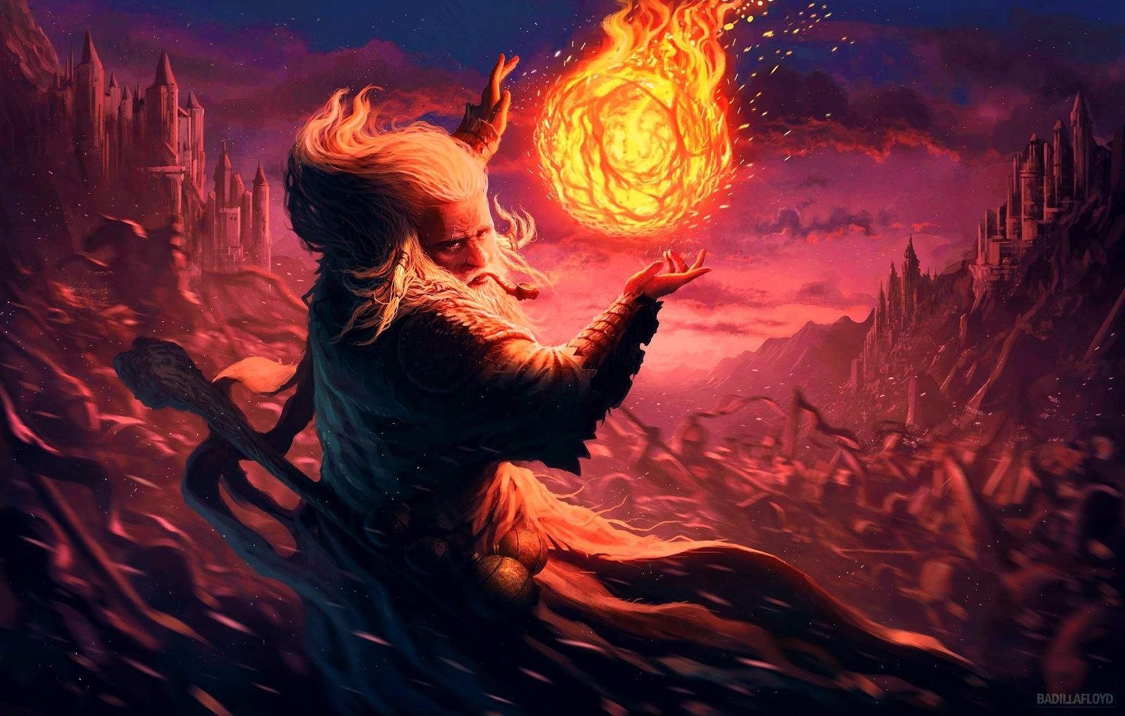 Wizard casting a fire spell with armies and castles in background HD Wallpaper