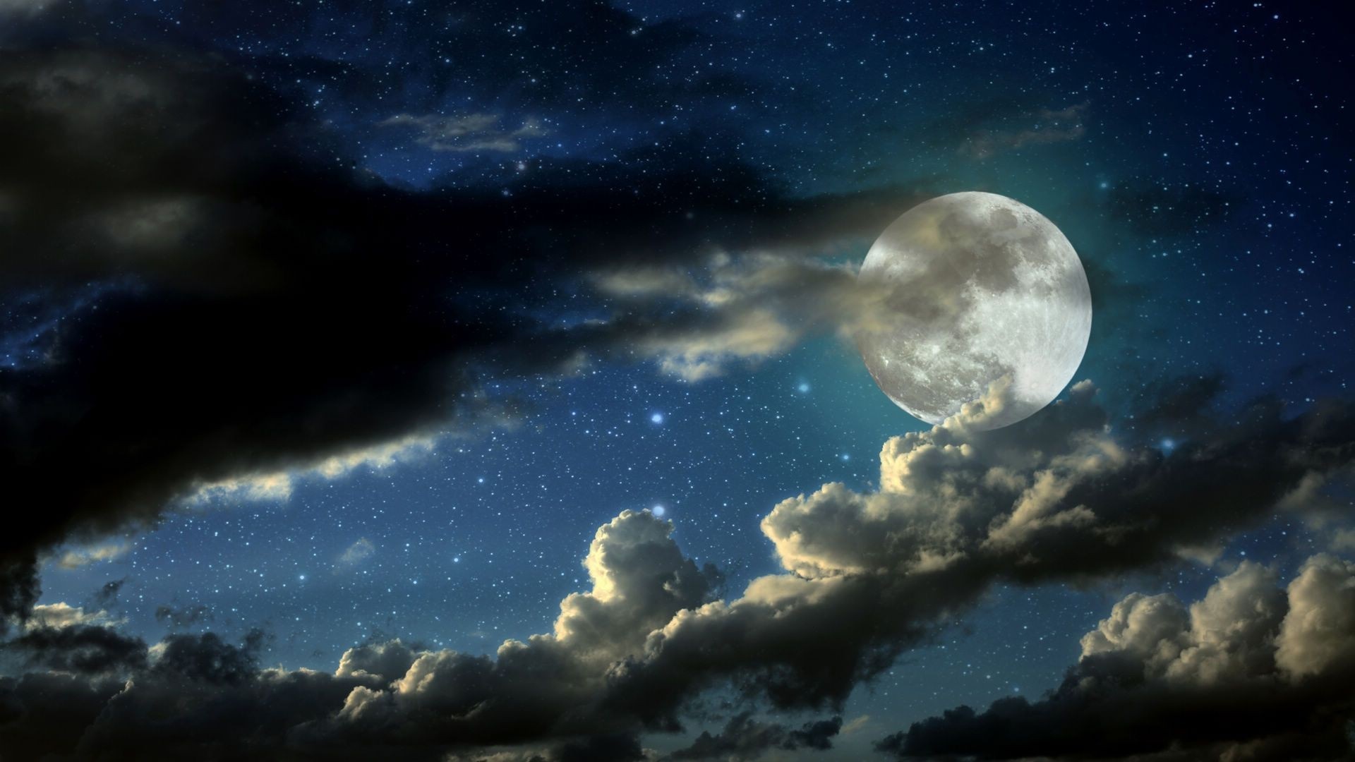 Full moon and clouds in a starry night sky HD Wallpaper