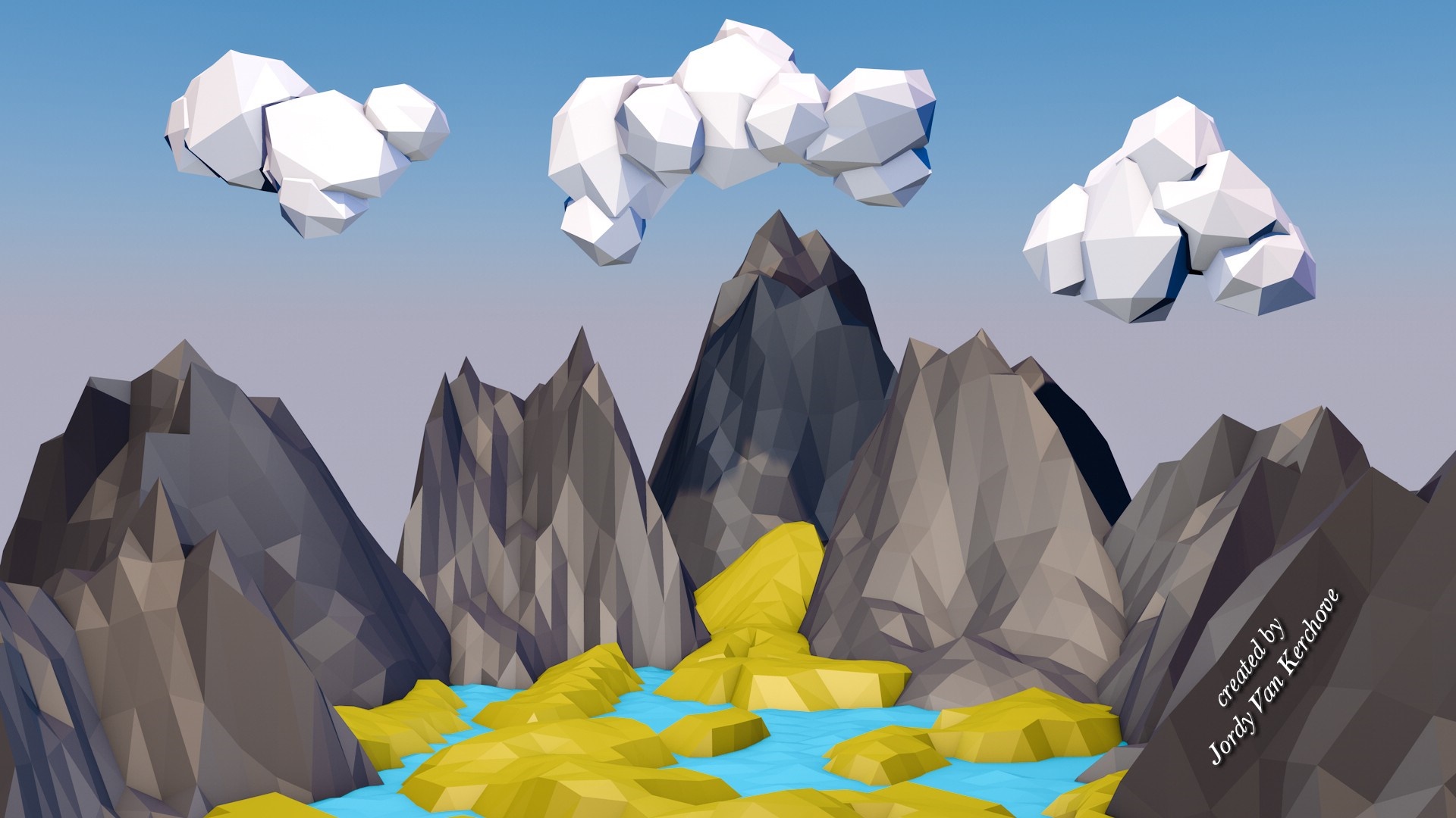 Low poly landscape with mountains, water, and clouds HD Wallpaper