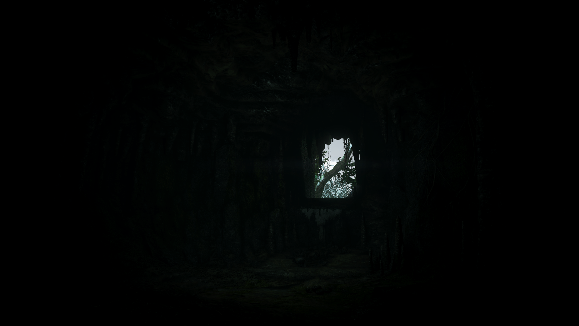 Cave entrance with trees and sky HD Wallpaper