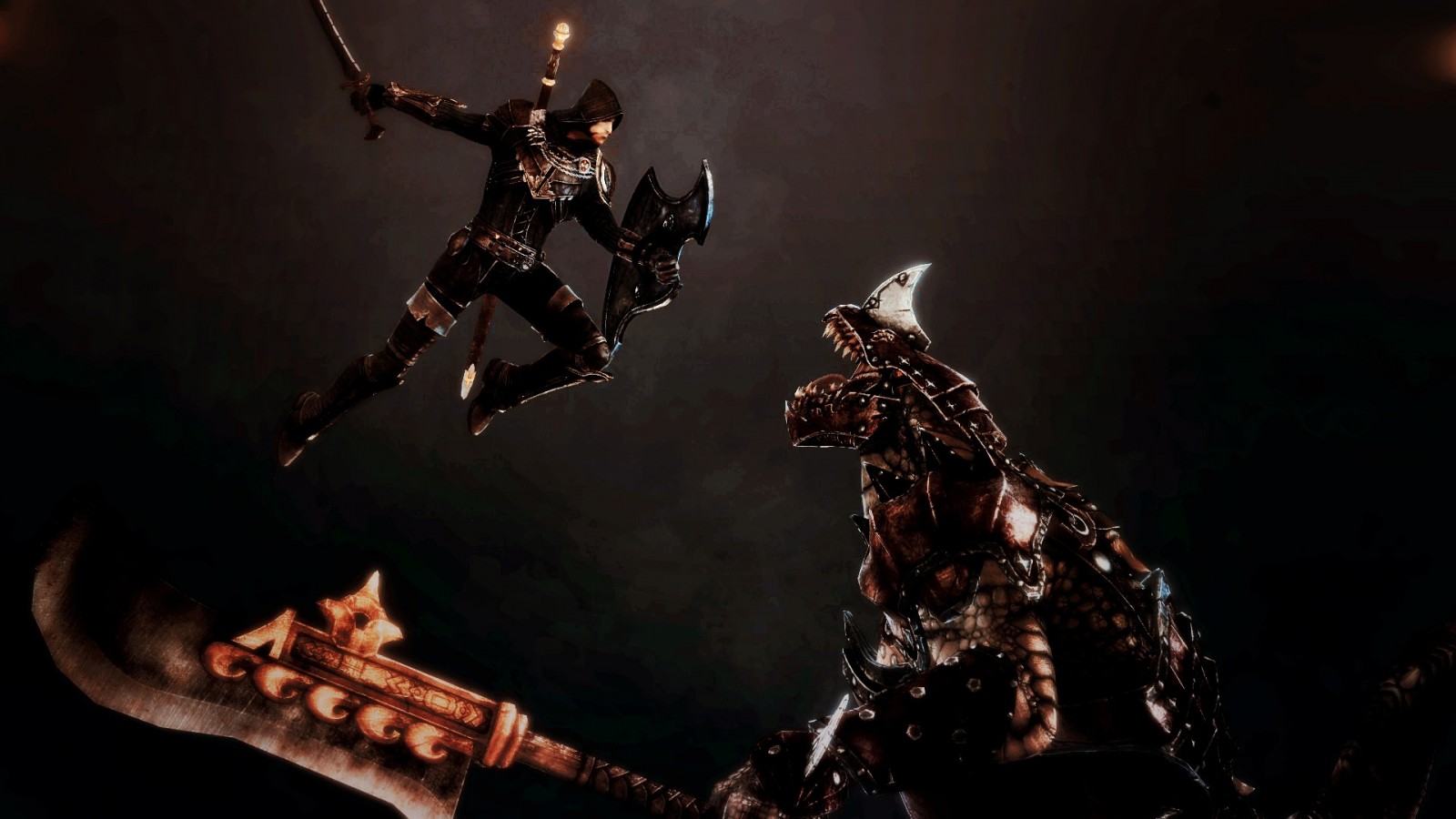 Warrior fighting a monster with a sword and axe HD Wallpaper
