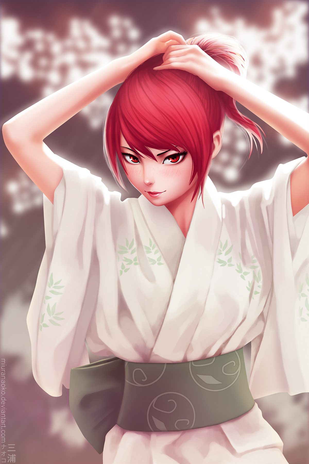 Anime girl with red hair in a kimono HD Wallpaper