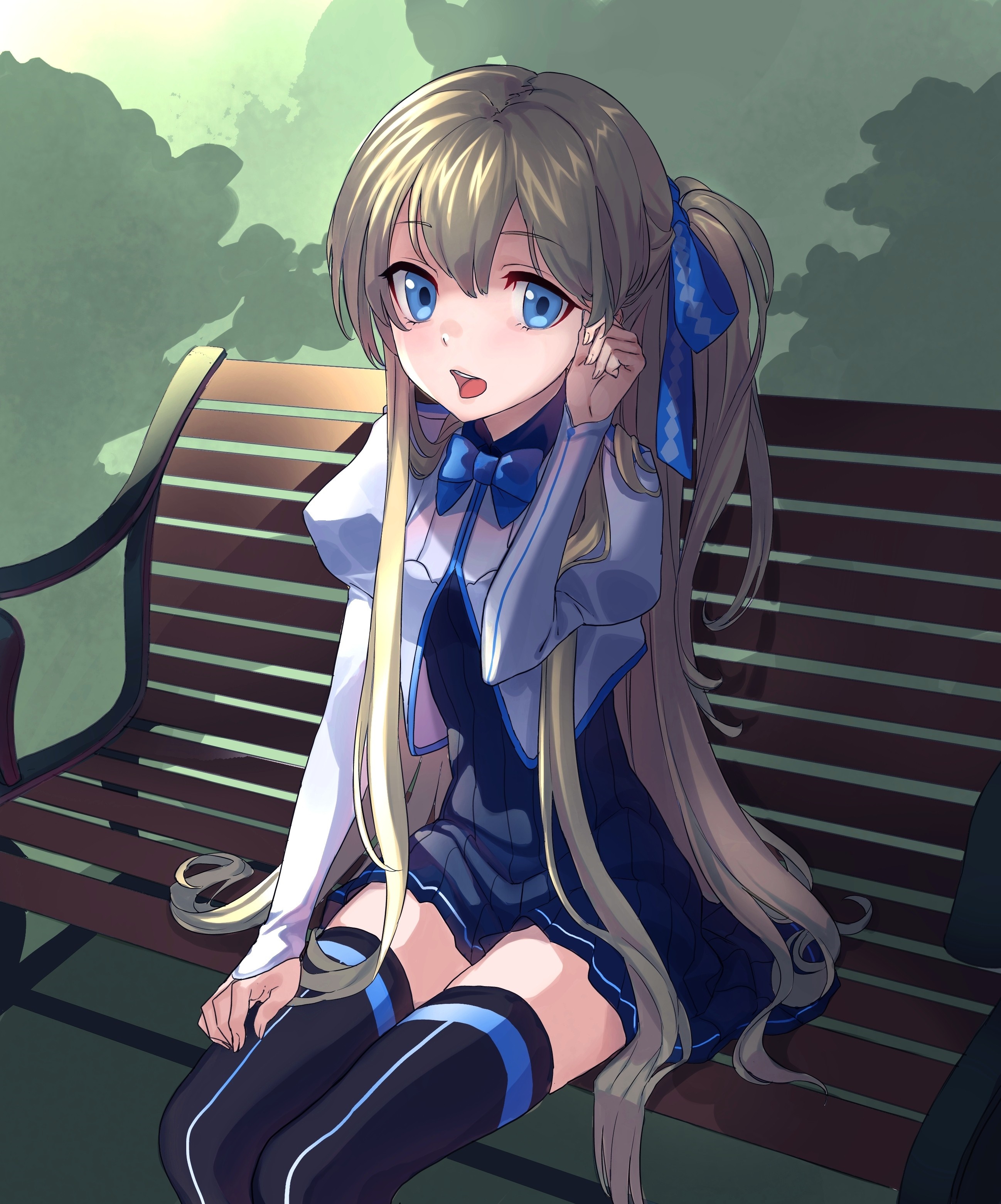 Anime girl with blonde hair and blue eyes sitting on a bench HD Wallpaper