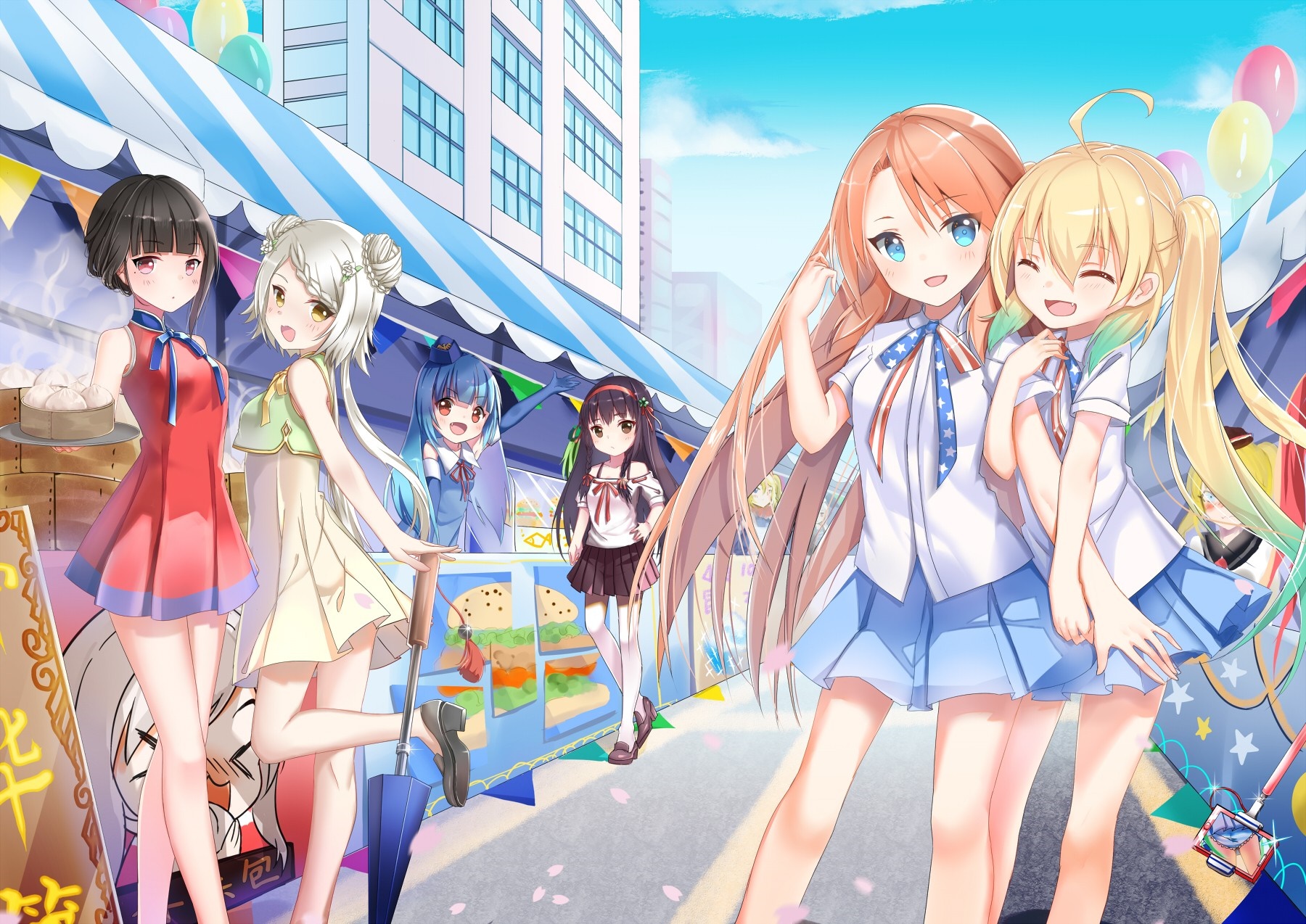Anime girls at a street market with food stalls HD Wallpaper