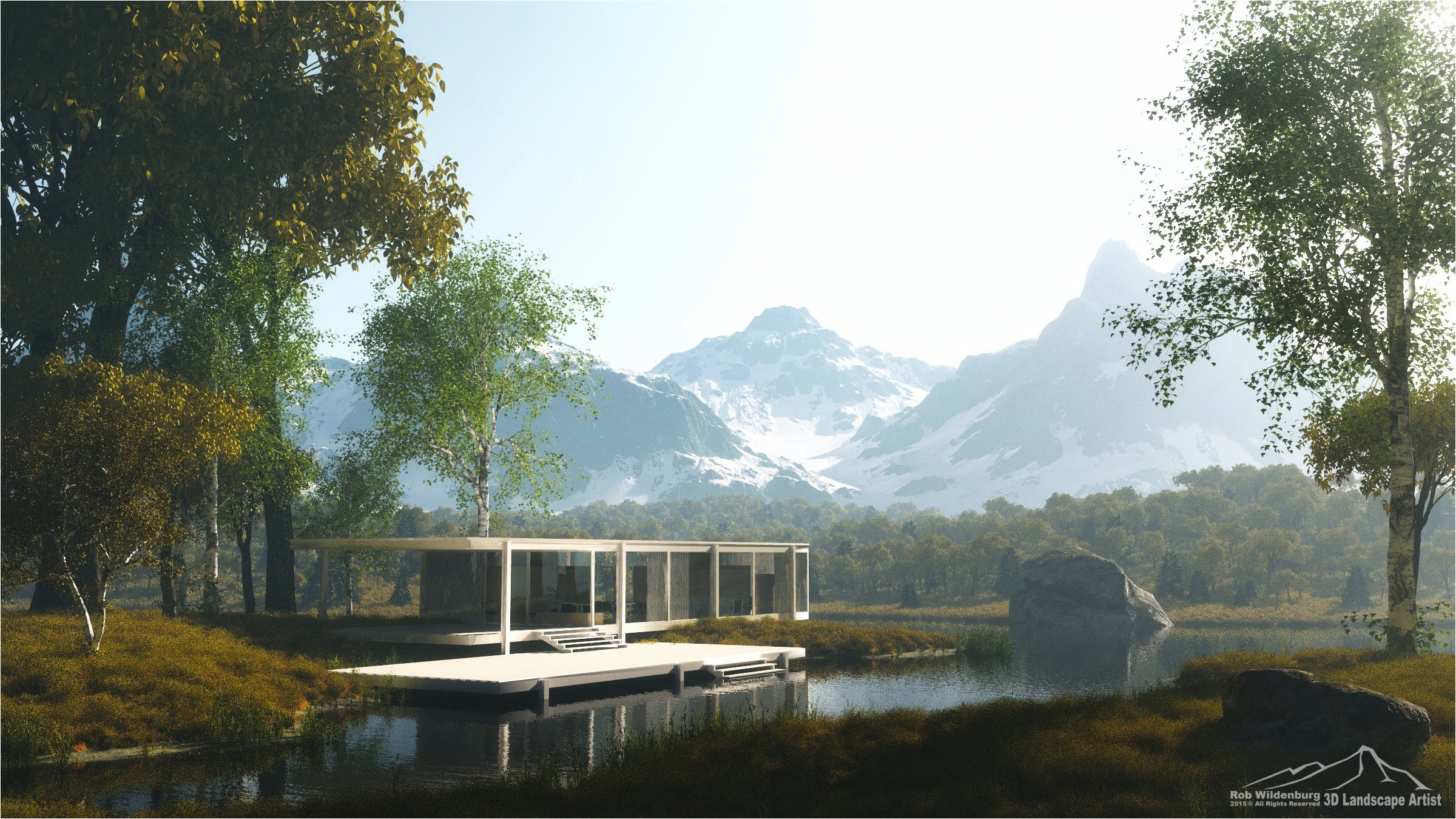 Modern glass house by a lake with mountains HD Wallpaper