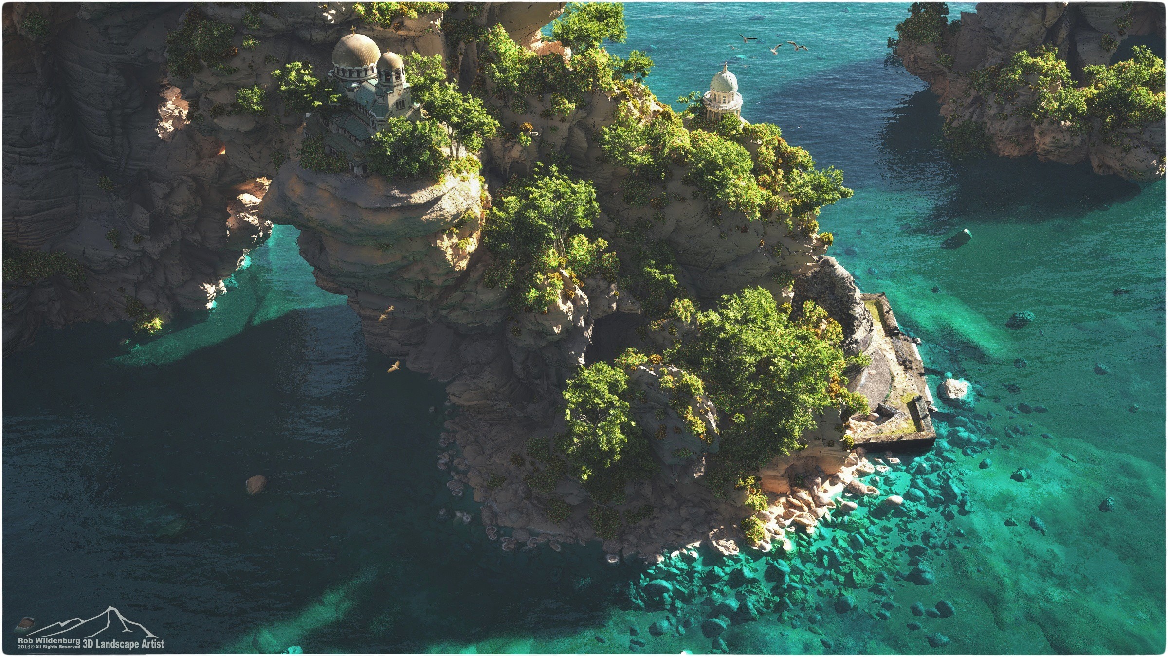 Digital art of a coastal landscape with ancient structures HD Wallpaper