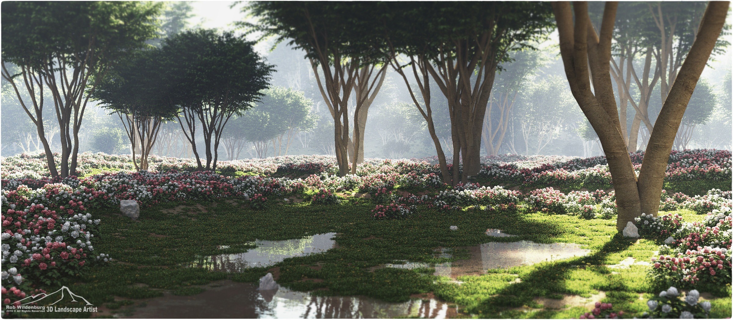 3D render of a forest garden with trees and flowers HD Wallpaper