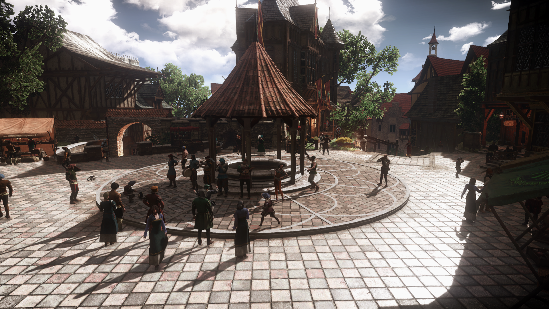 People gathered in a town square with a gazebo HD Wallpaper