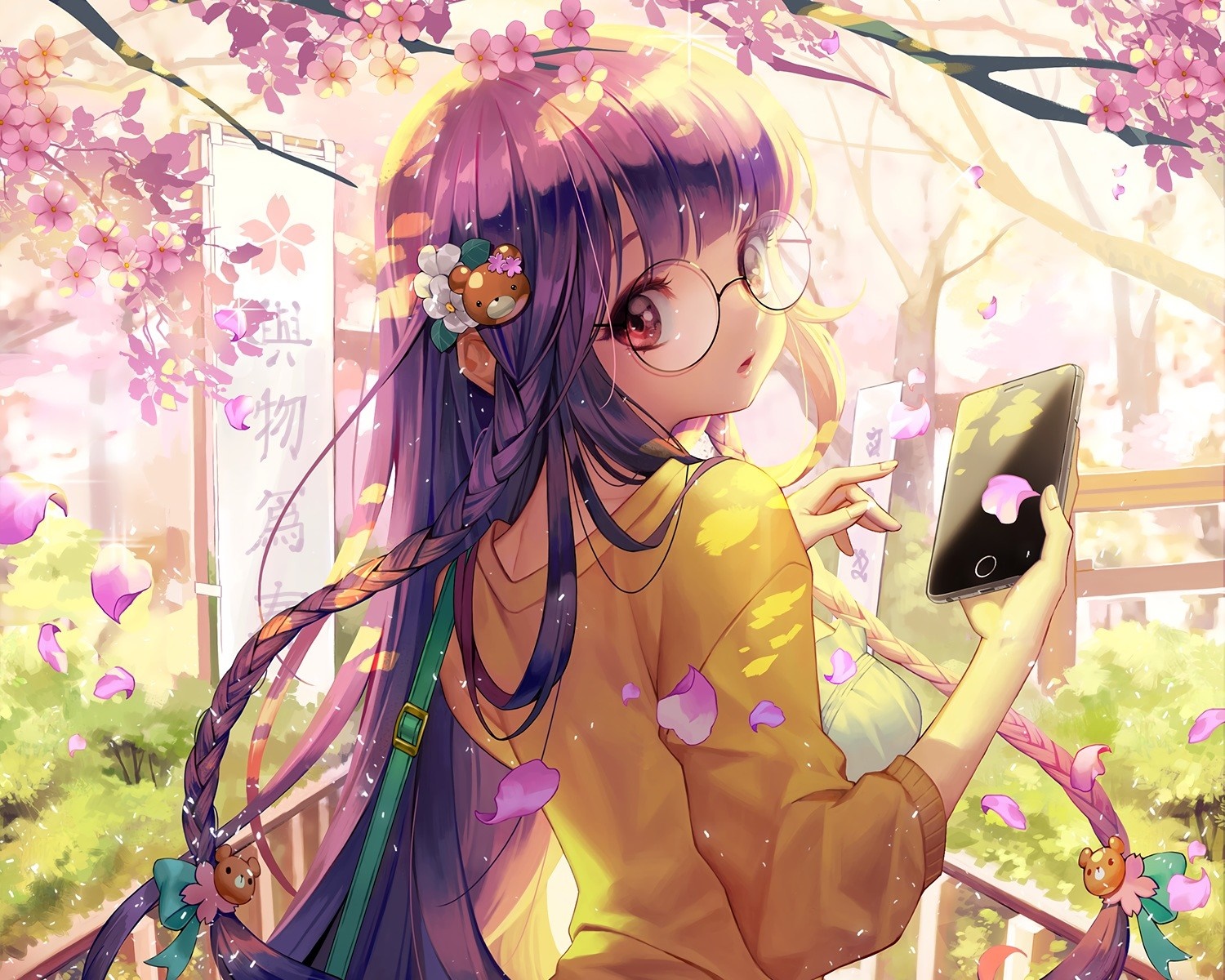 Anime girl with purple hair and glasses holding a phone HD Wallpaper