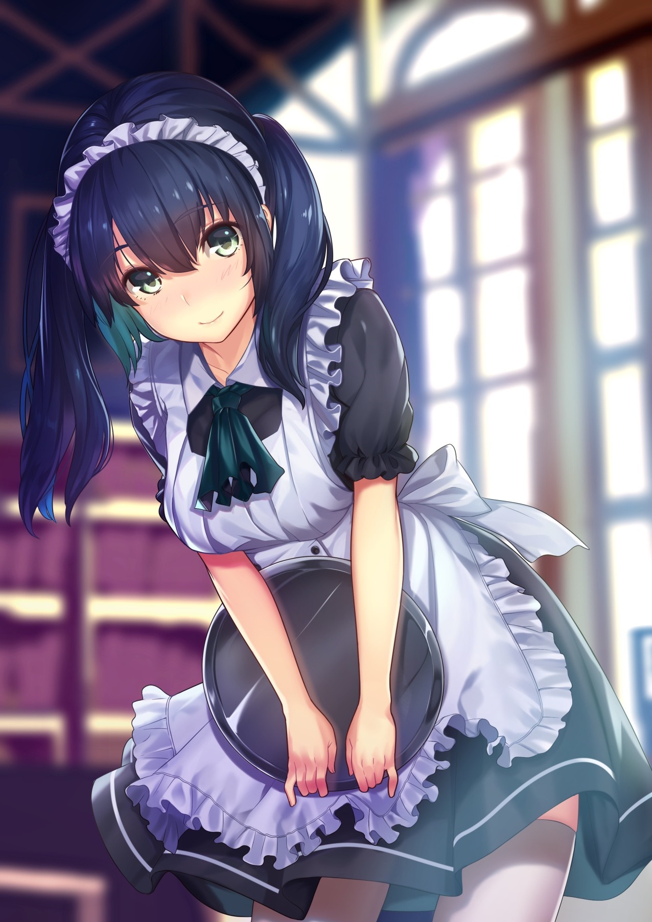 Anime girl in maid outfit holding a tray HD Wallpaper