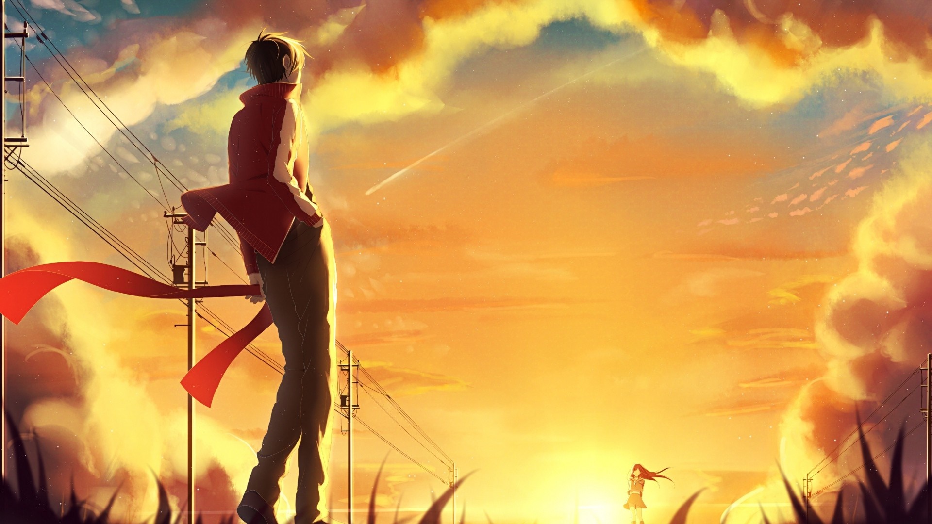 Anime couple watching a shooting star at sunset HD Wallpaper