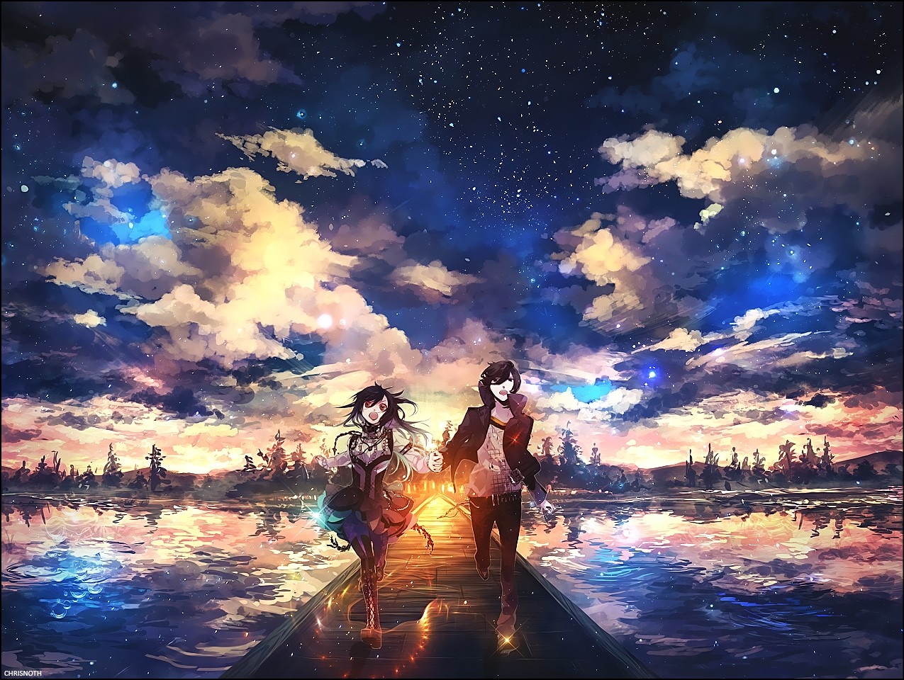 Anime couple running on a pier at sunset HD Wallpaper