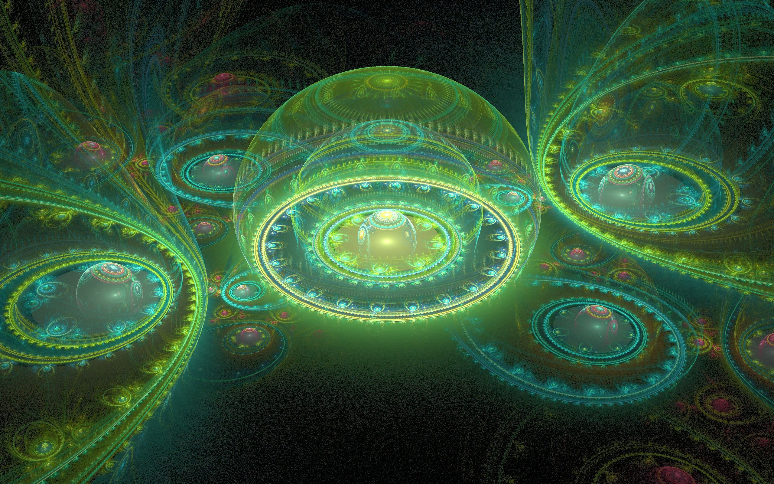 Abstract fractal art with green and teal geometric patterns HD Wallpaper