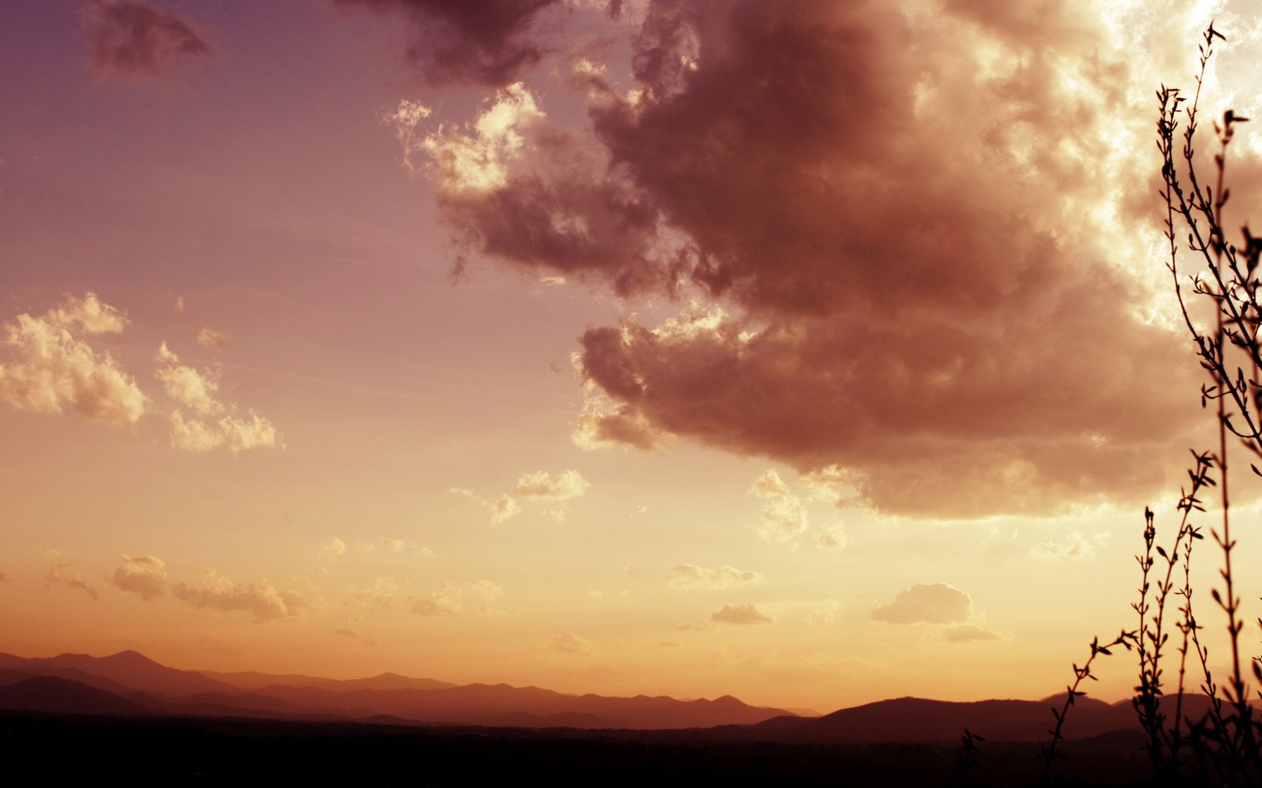 Sunset over mountains with clouds and silhouetted branches HD Wallpaper