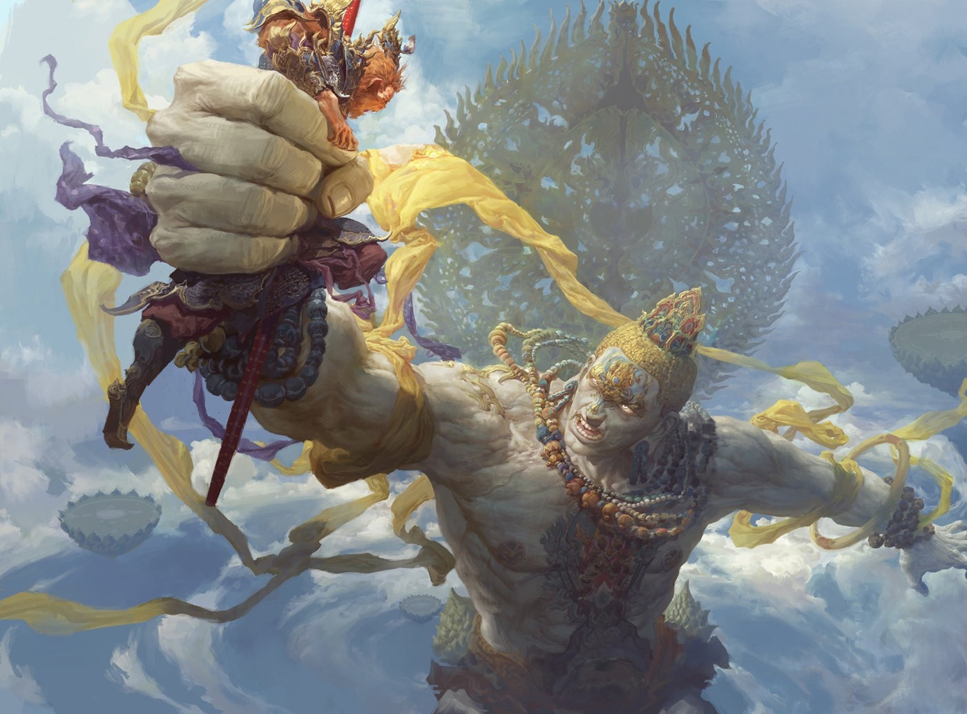 Artwork of mythological figures fighting in the sky HD Wallpaper