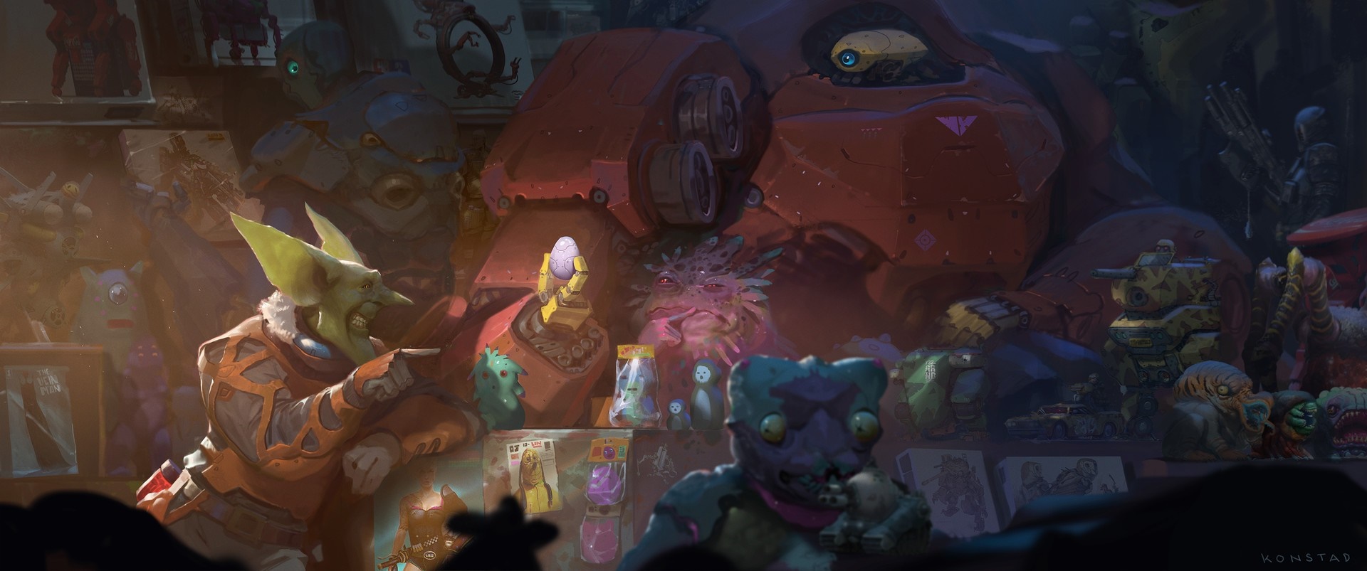 Alien shopkeeper and customers in a cluttered store HD Wallpaper