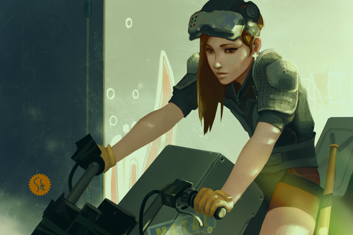 Anime girl with protective gear on a vehicle HD Wallpaper