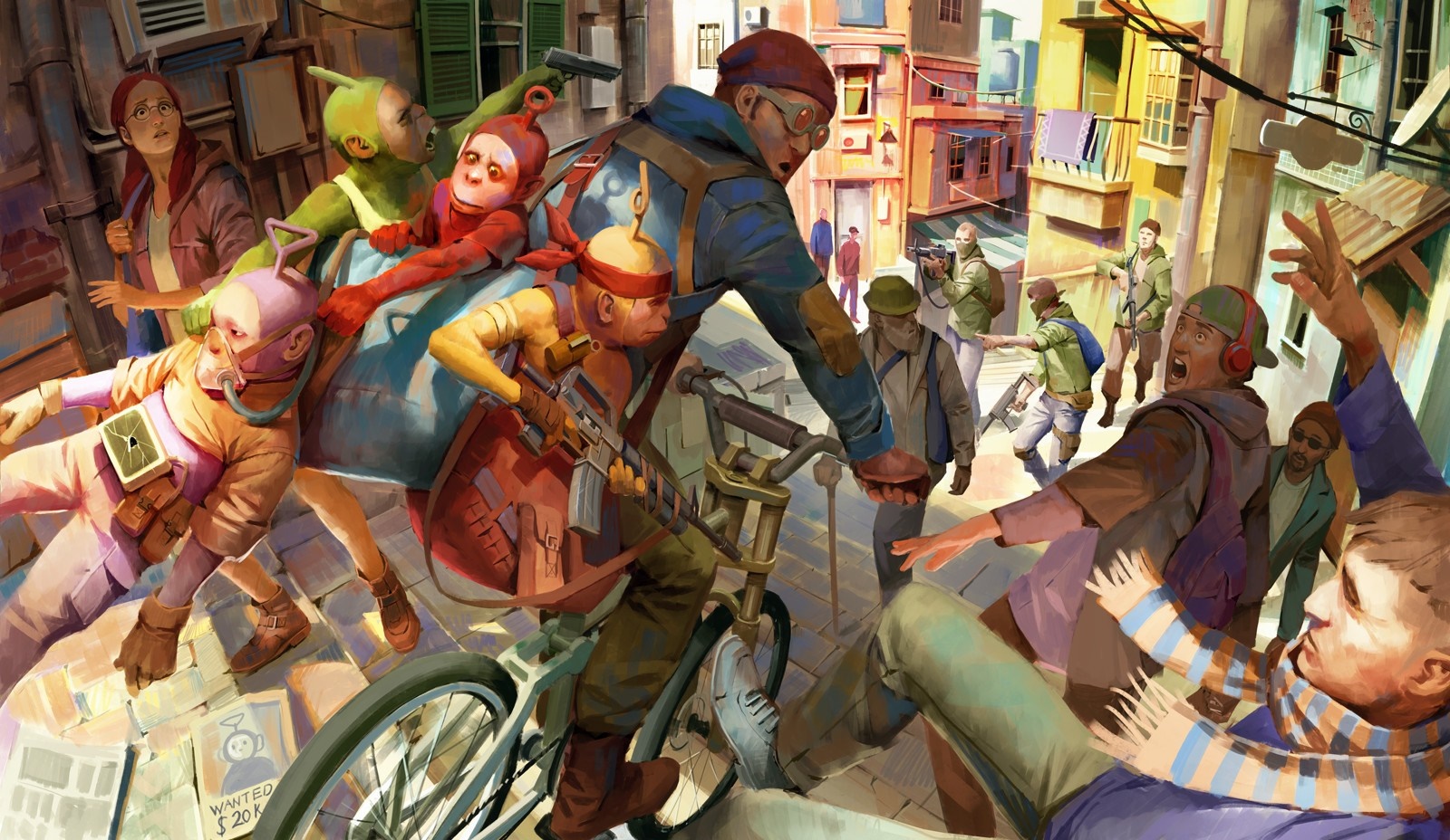 Teletubbies in a violent street scene HD Wallpaper