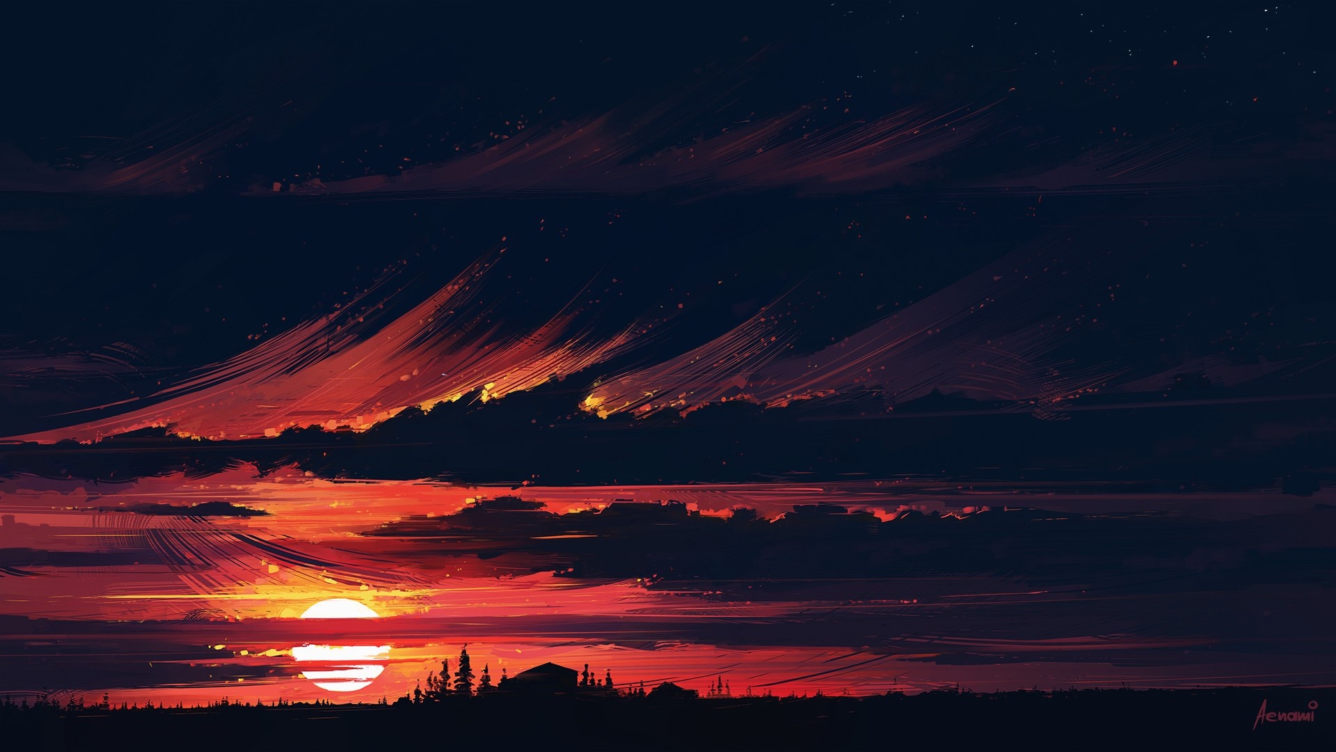 Digital painting of a sunset over a silhouetted landscape HD Wallpaper
