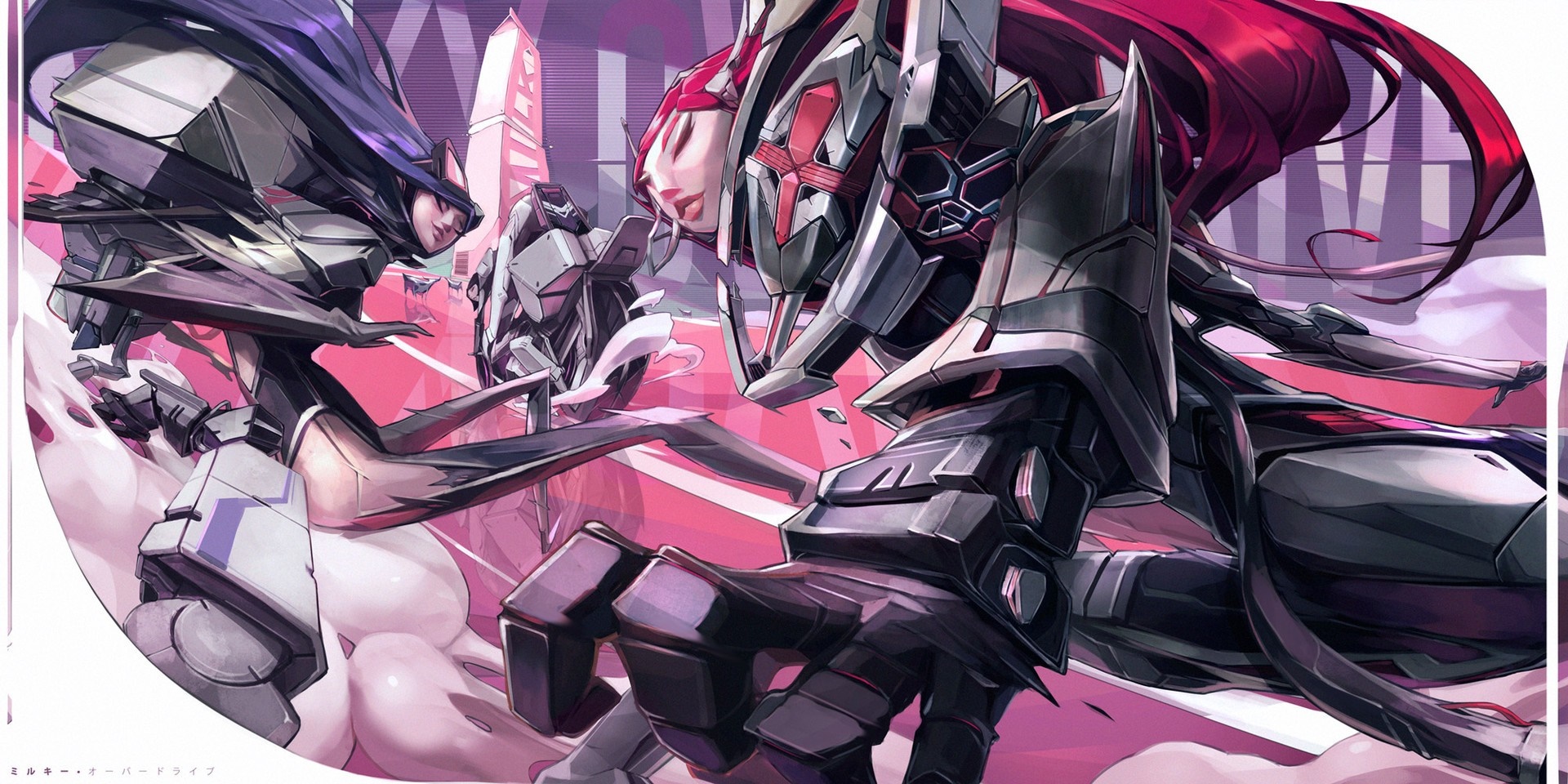 Two mecha girls with purple and red hair facing each other HD Wallpaper