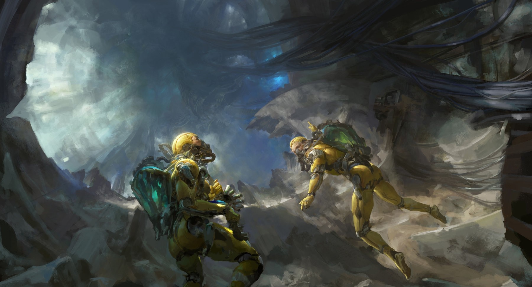 Two astronauts in yellow suits in a cave HD Wallpaper