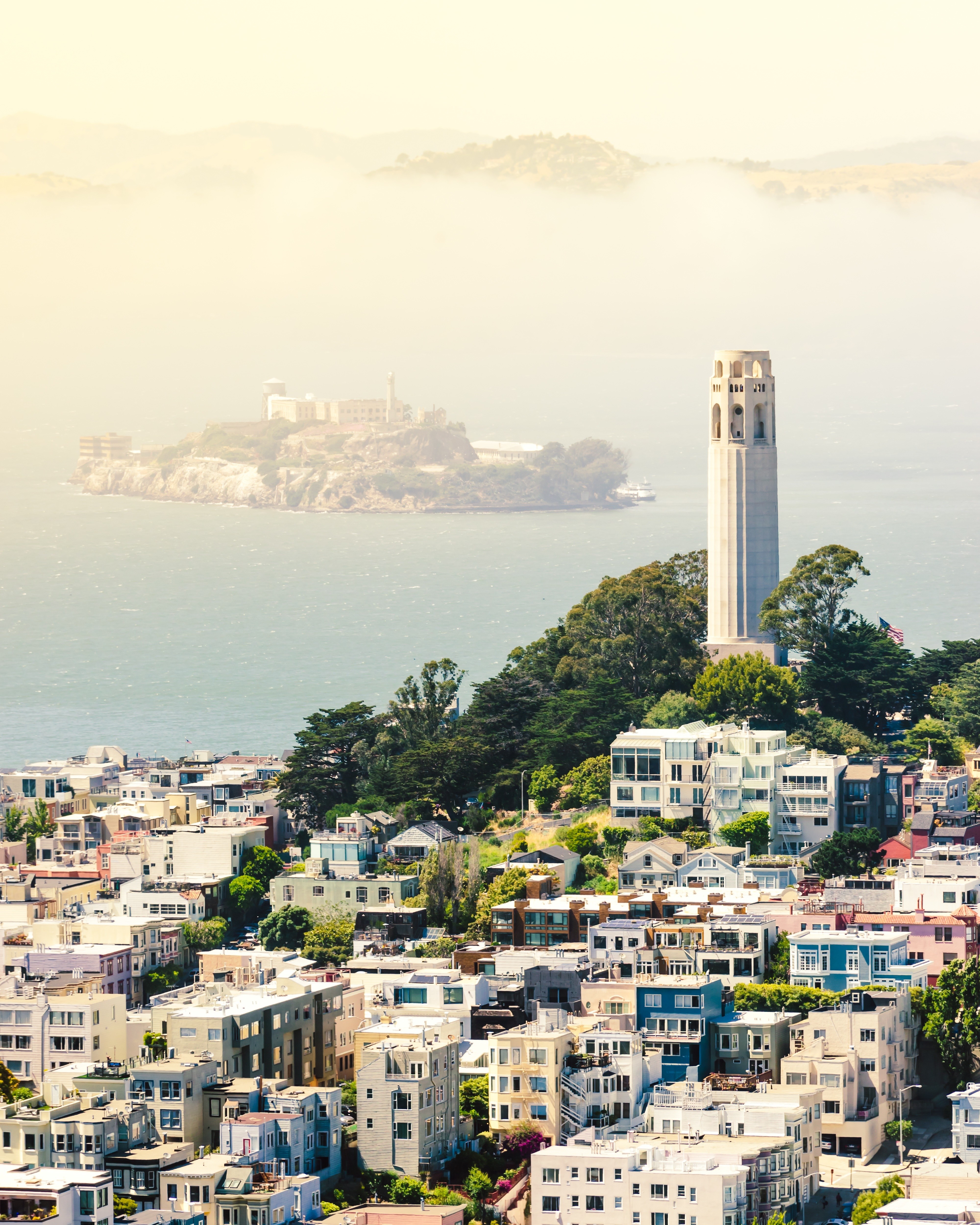 San Francisco cityscape with Alcatraz and Coit Tower HD Wallpaper