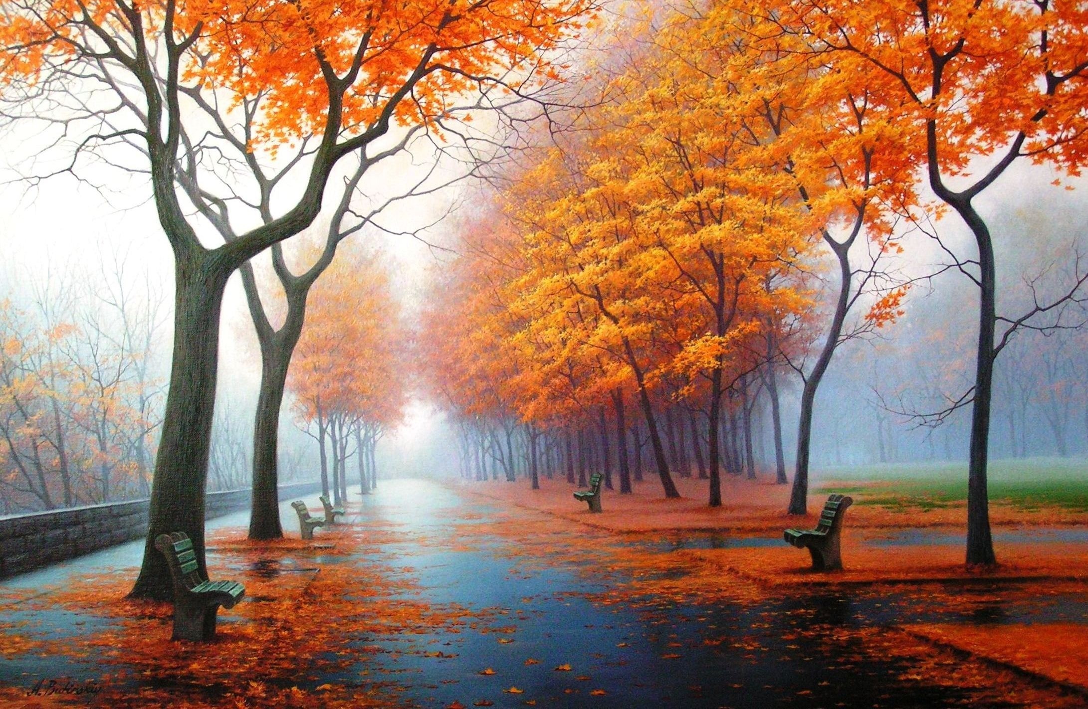 Autumn park path with benches and fallen leaves HD Wallpaper