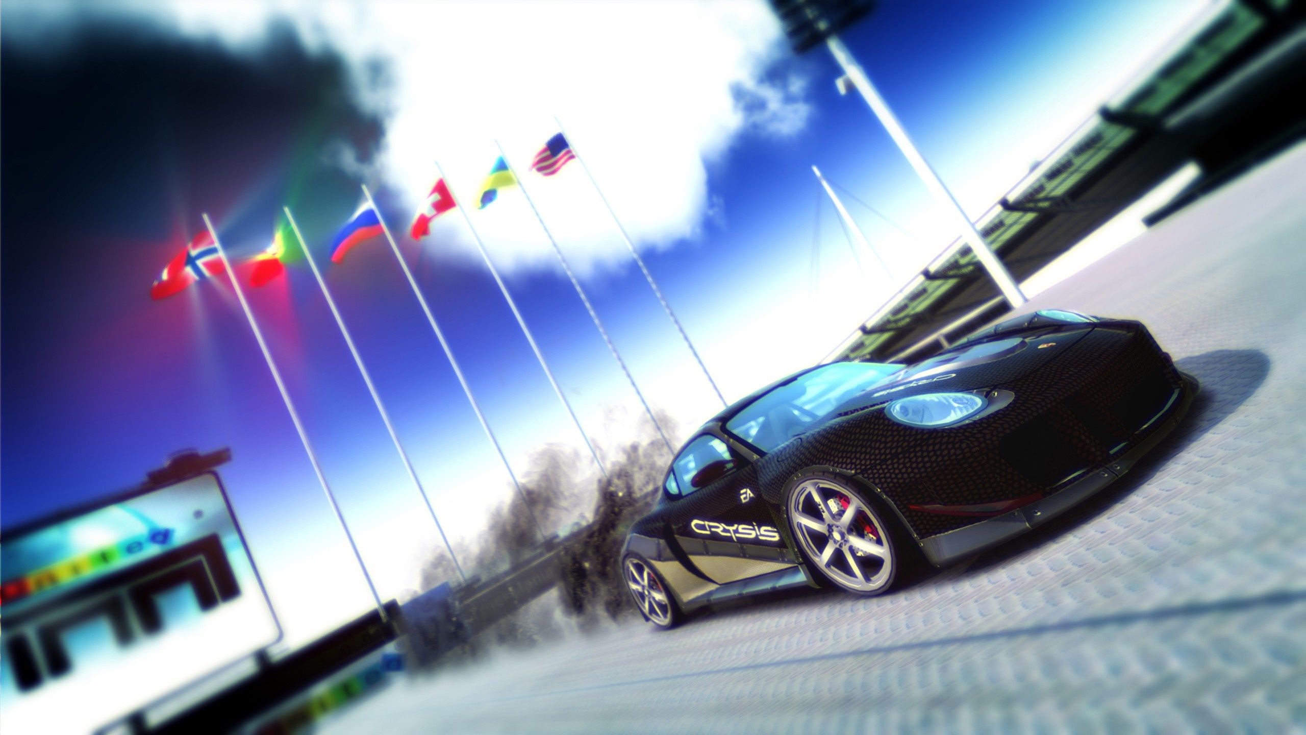 Black supercar with flags and a screen HD Wallpaper