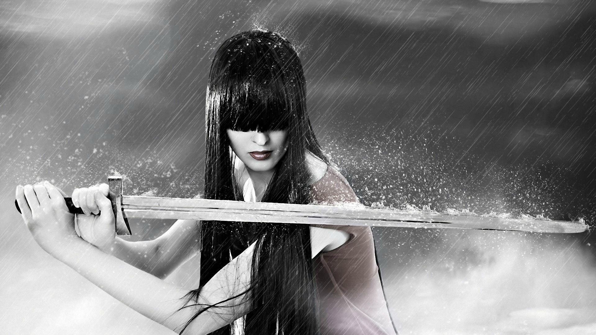 Woman with sword in the rain HD Wallpaper