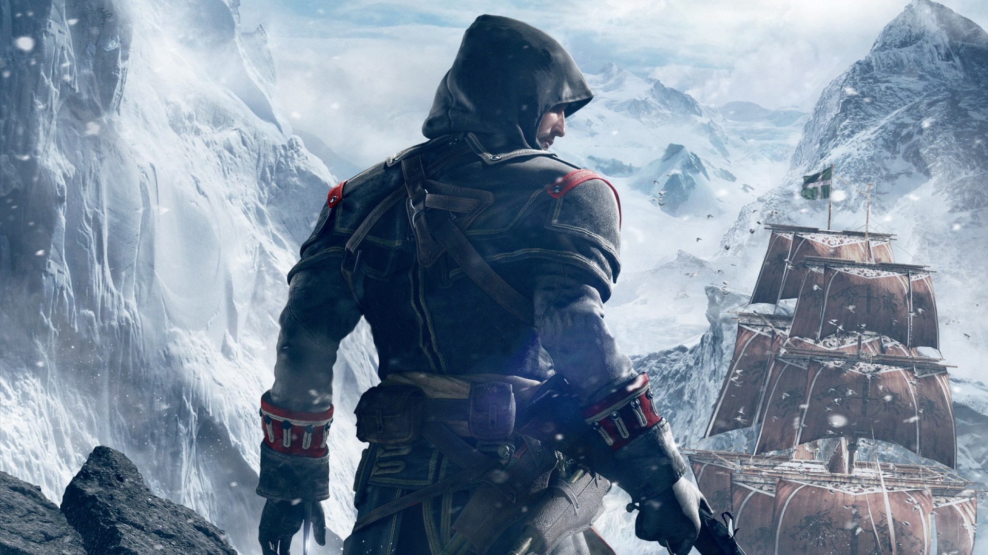 Assassin's Creed character in a snowy mountain landscape with a ship HD Wallpaper