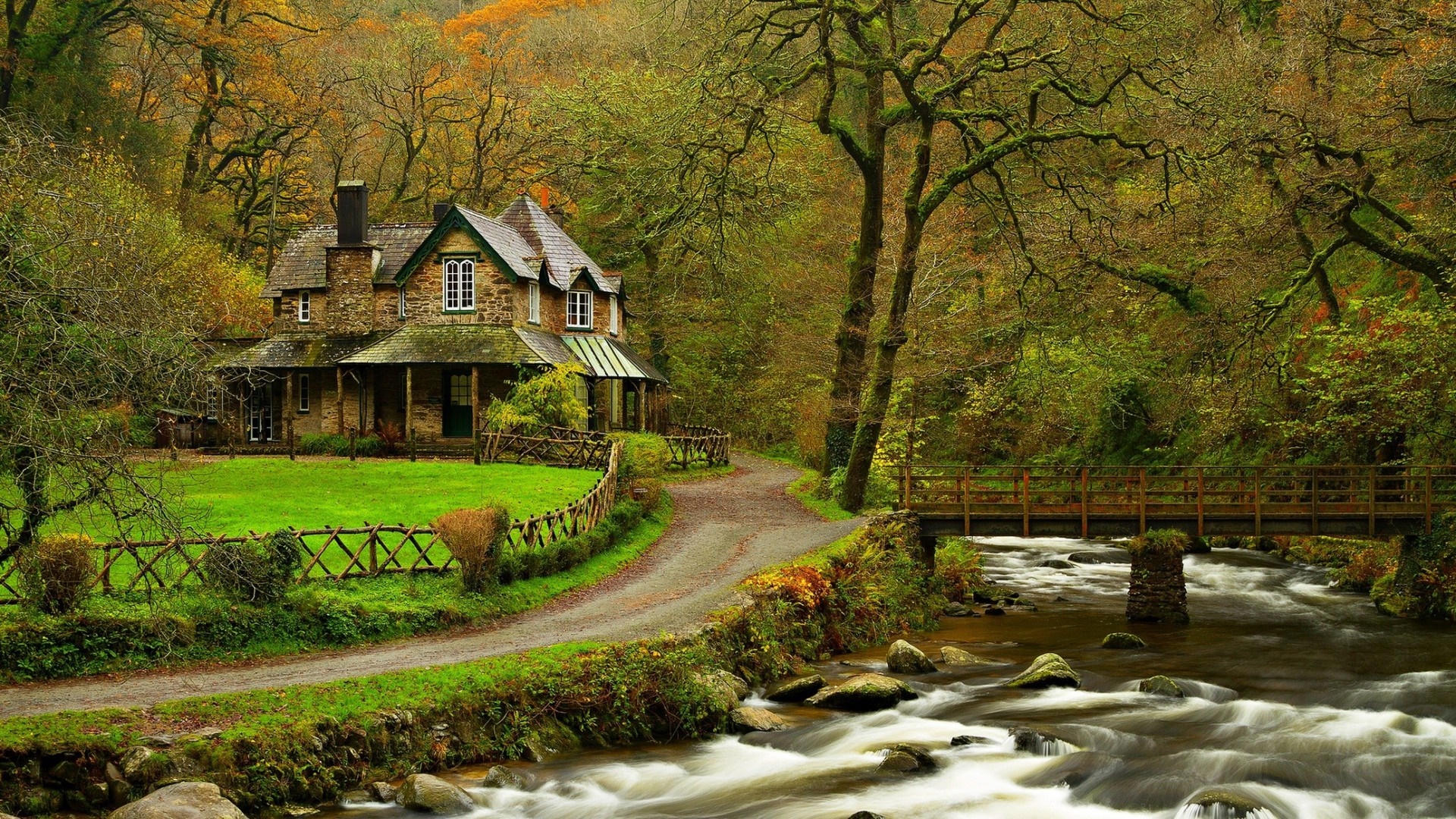 Autumn Landscape with Riverside House and Bridge HD Wallpaper