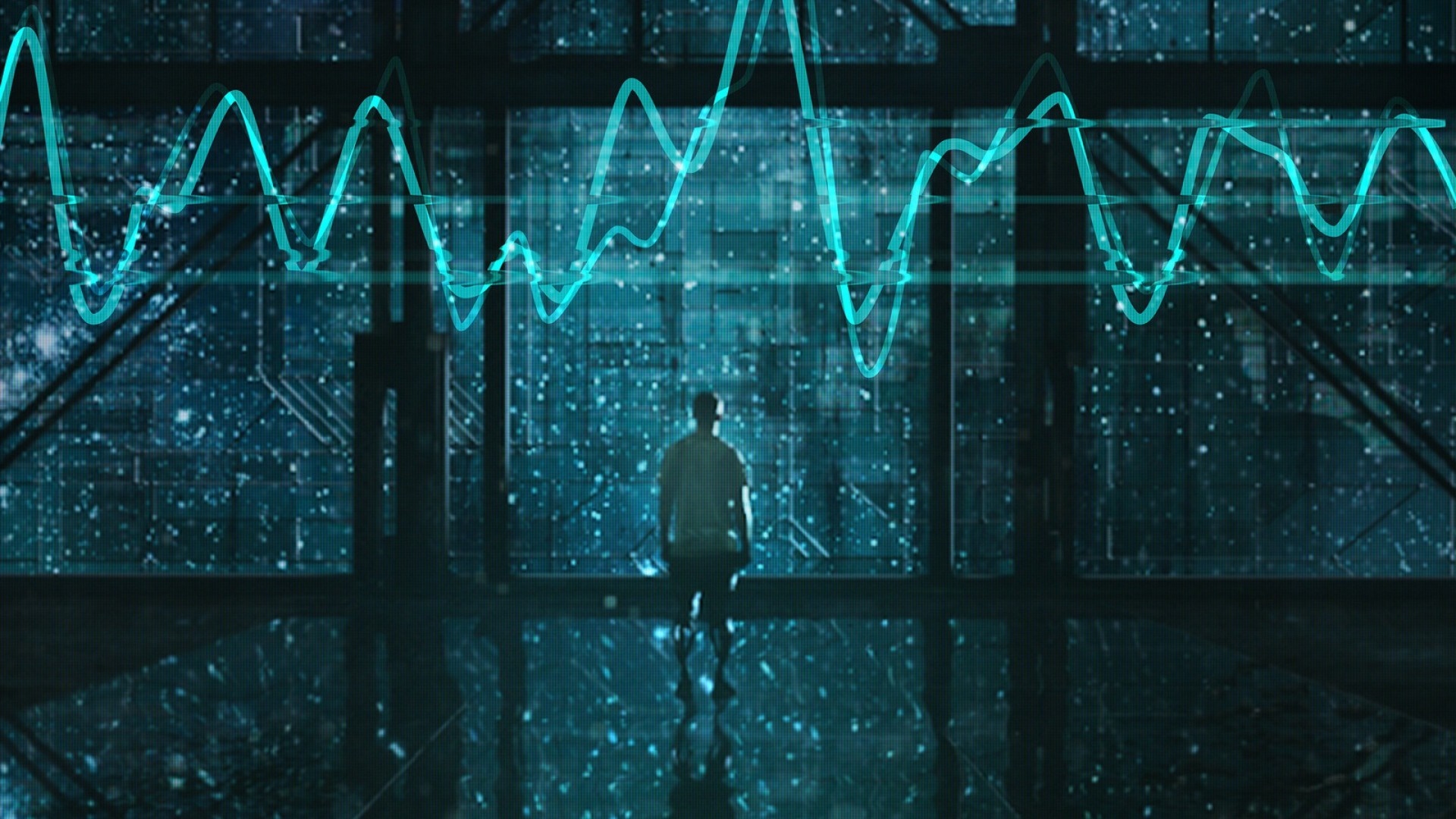 Man looking at digital waveform in futuristic room HD Wallpaper