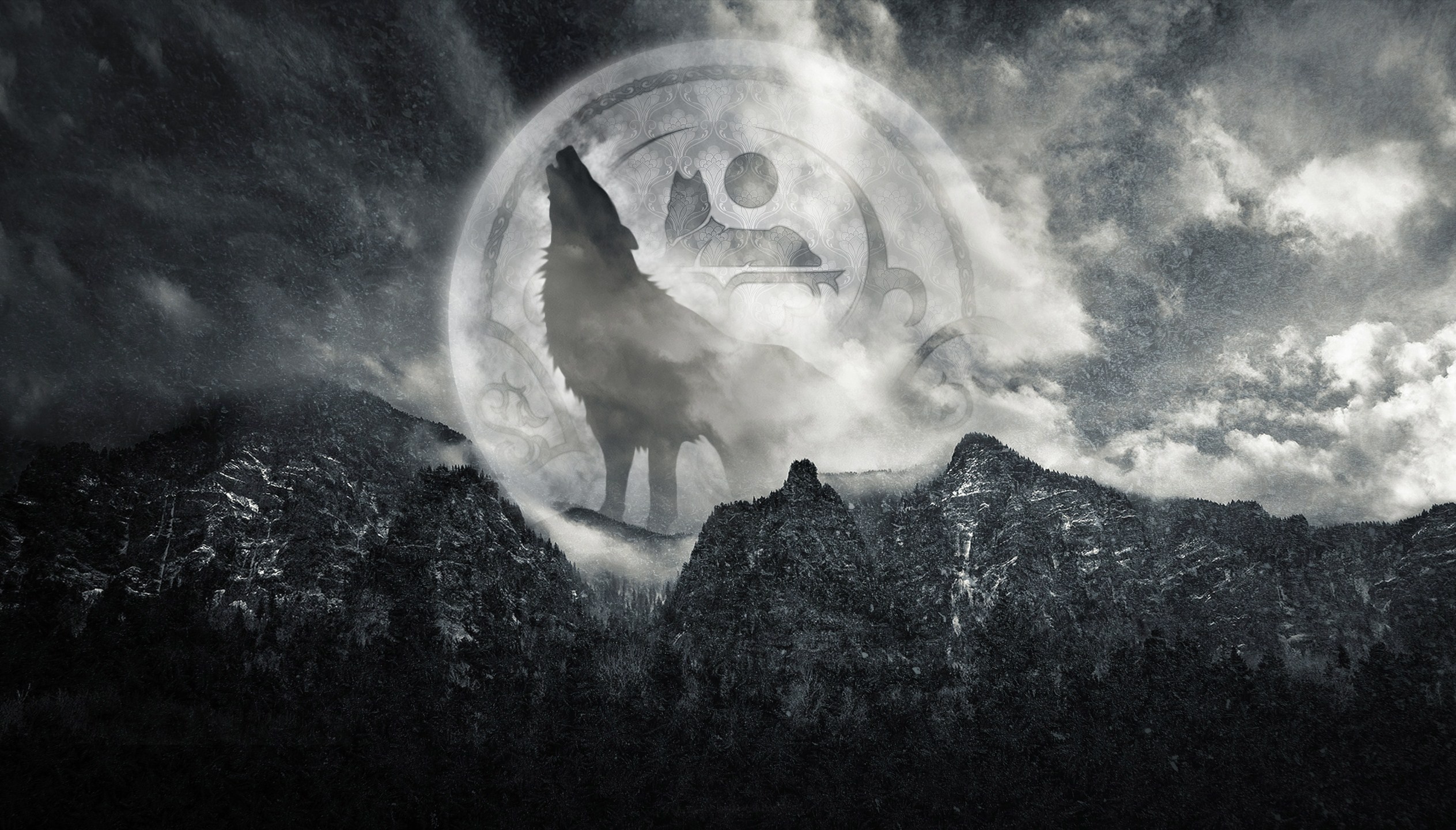 Wolf howling at the moon over mountains HD Wallpaper