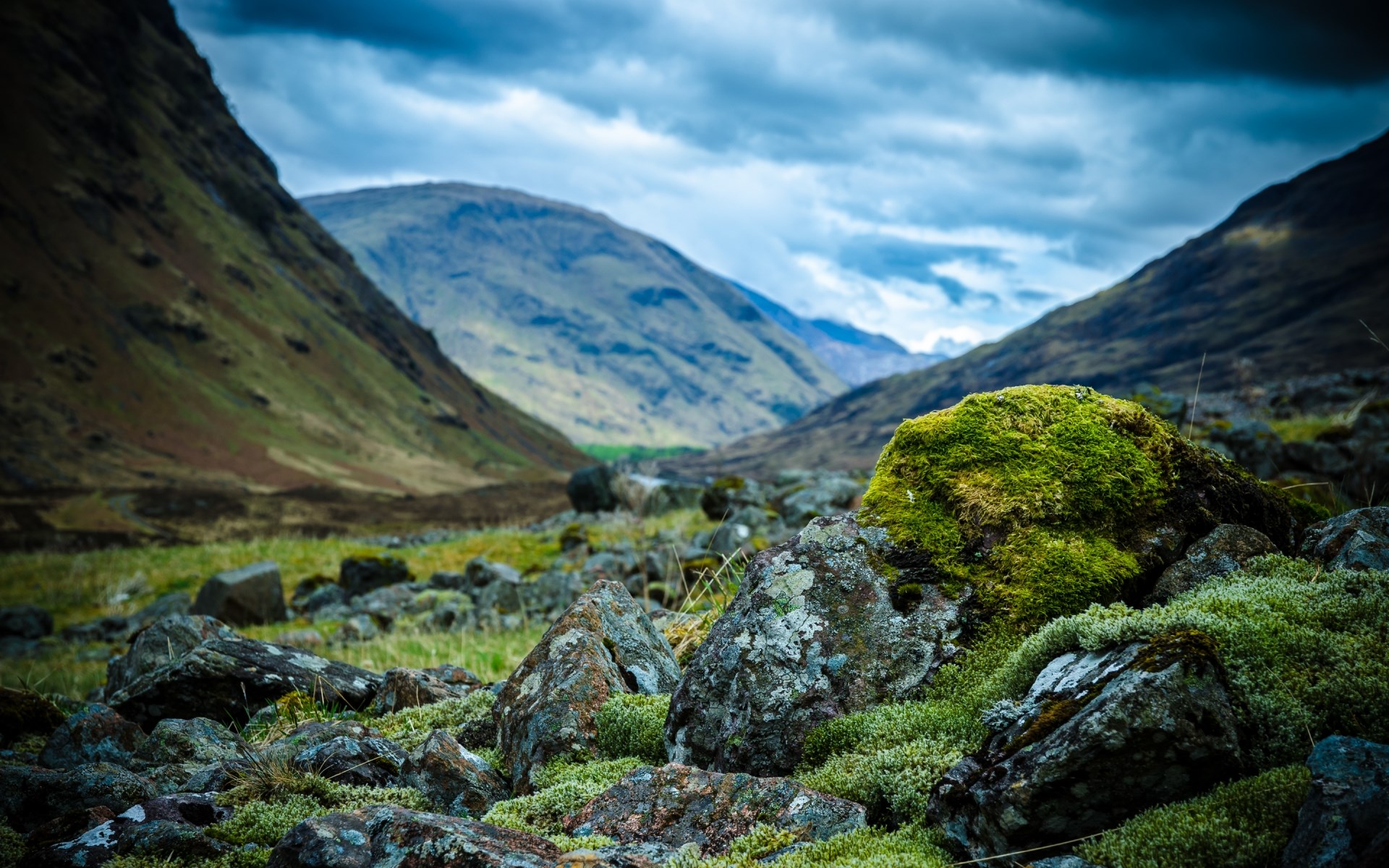 Mossy rocks in a mountain valley under cloudy sky HD Wallpaper