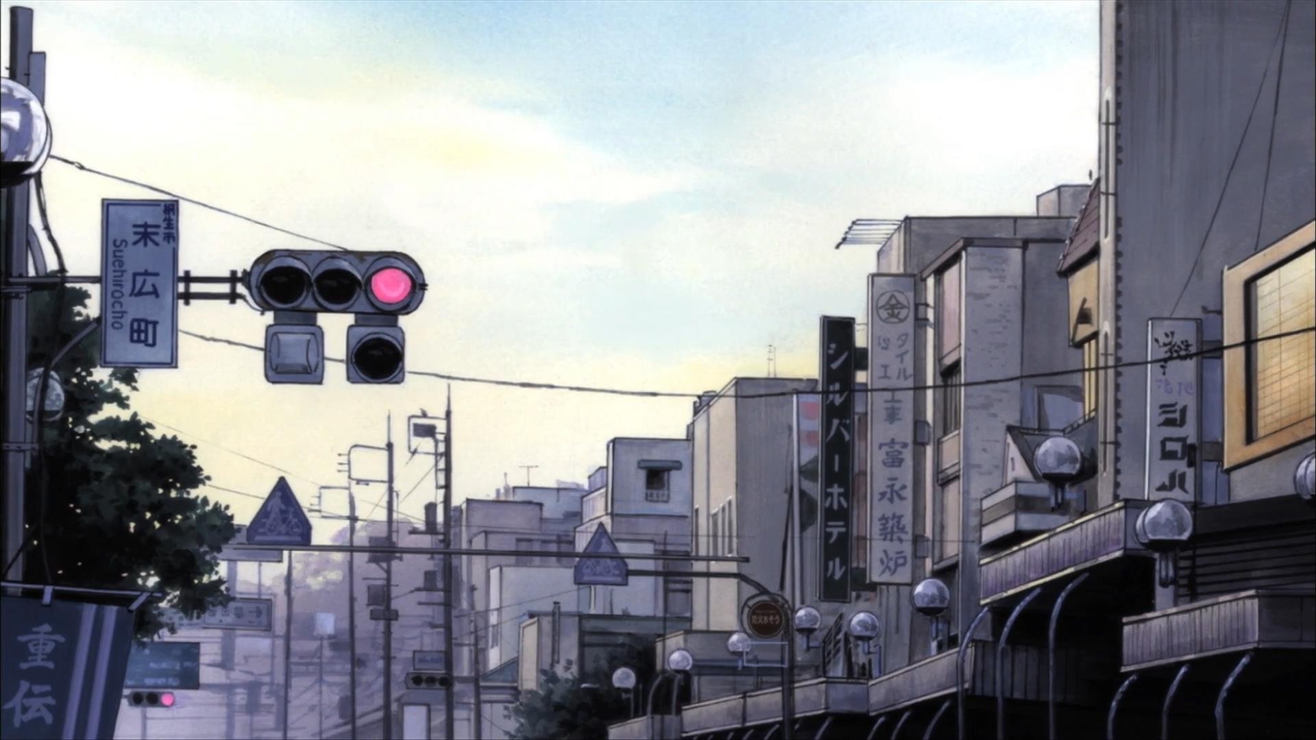 Anime cityscape with traffic lights and buildings HD Wallpaper