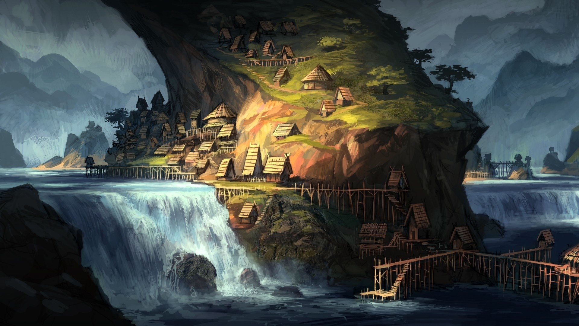 Fantasy village built on a cliffside with waterfalls HD Wallpaper