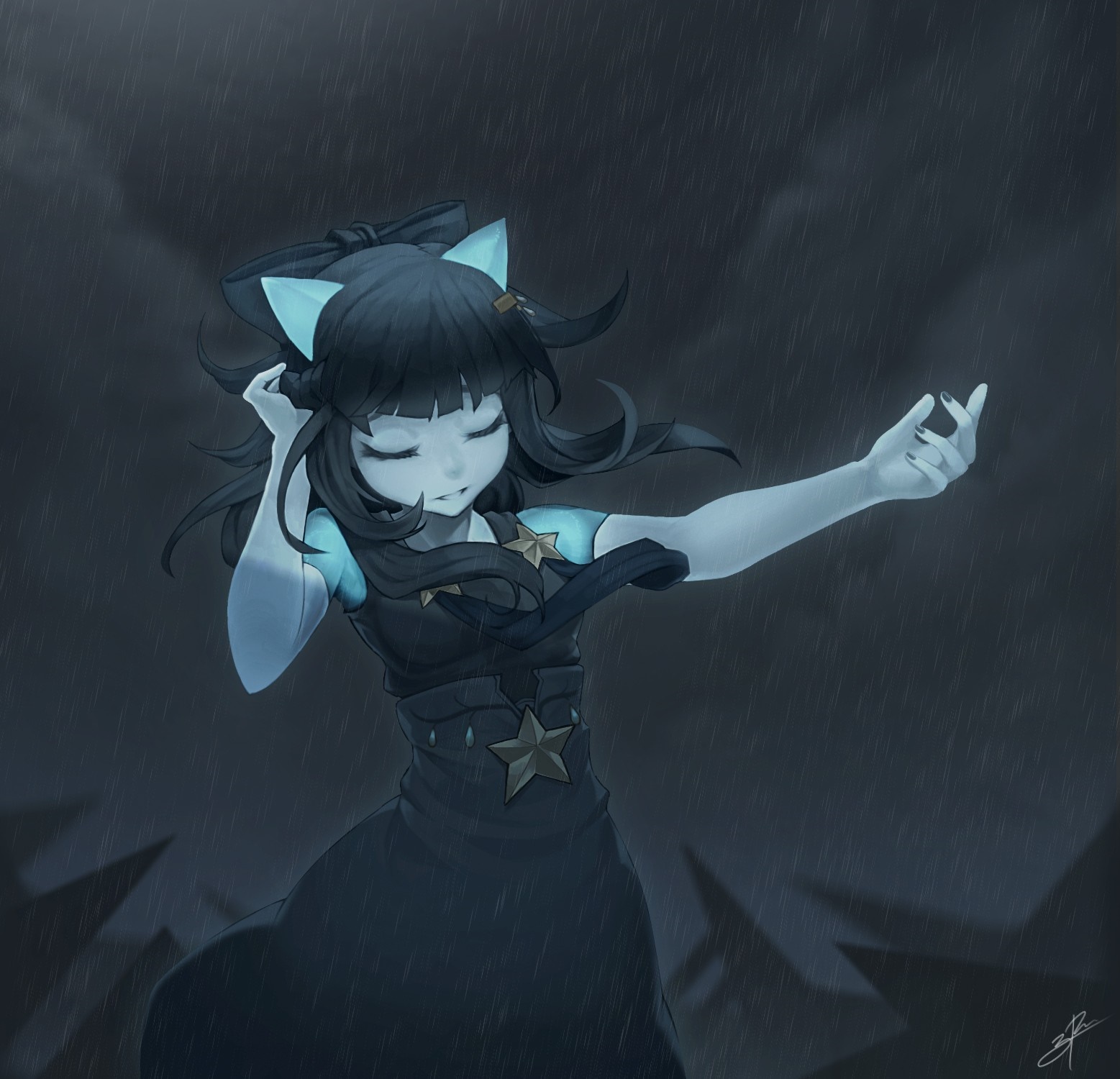 Anime girl with animal ears in the rain HD Wallpaper