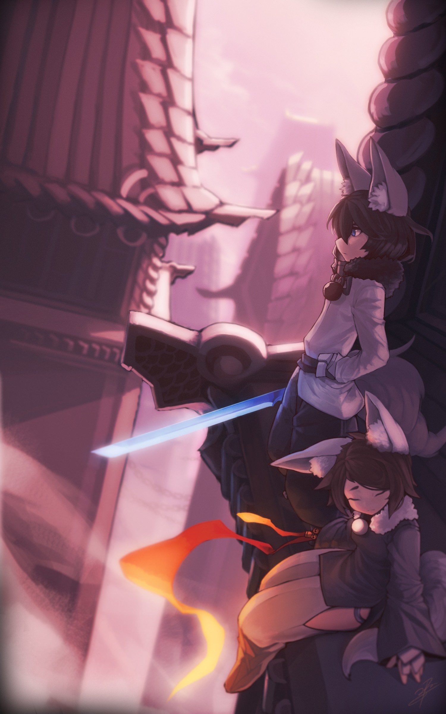 Two anime girls with animal ears and swords HD Wallpaper