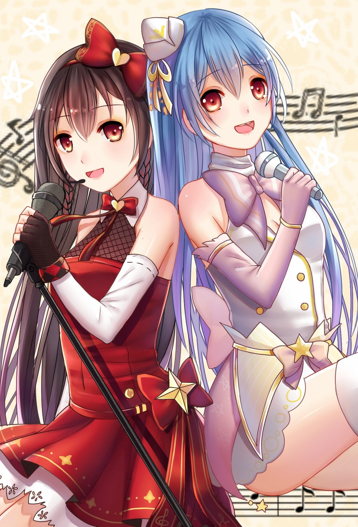 Two anime girls singing with microphones HD Wallpaper
